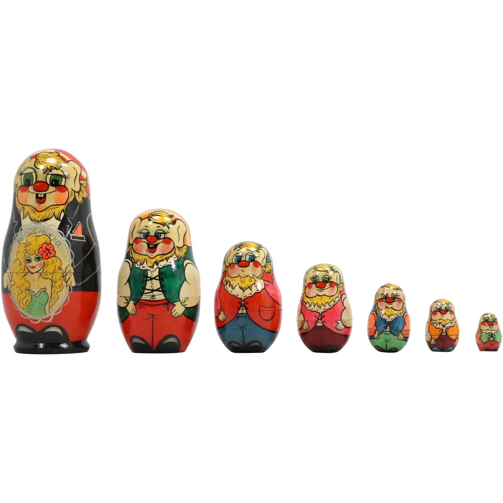 Nesting of 7 Russian Wood Dolls "Jolly Figures" Graduated Size Characters: Nesting of 7 Russian Wood Dolls "Jolly Figures" Graduated Size Characters. size: 6.5h 3.25w
