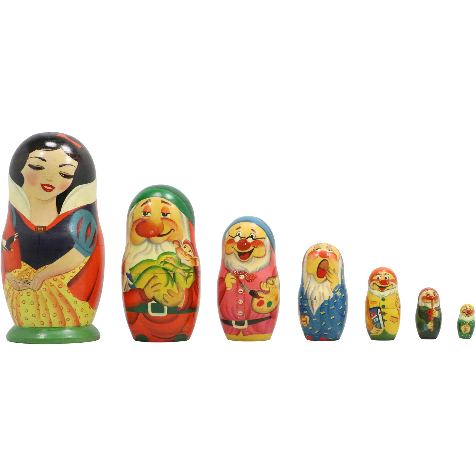 Nesting of 7 Russian Wood Dolls "Snow White" Graduated Size Characters: Nesting of 7 Russian Wood Dolls "Snow White" Graduated Size Characters. size: 7h 3.5w
