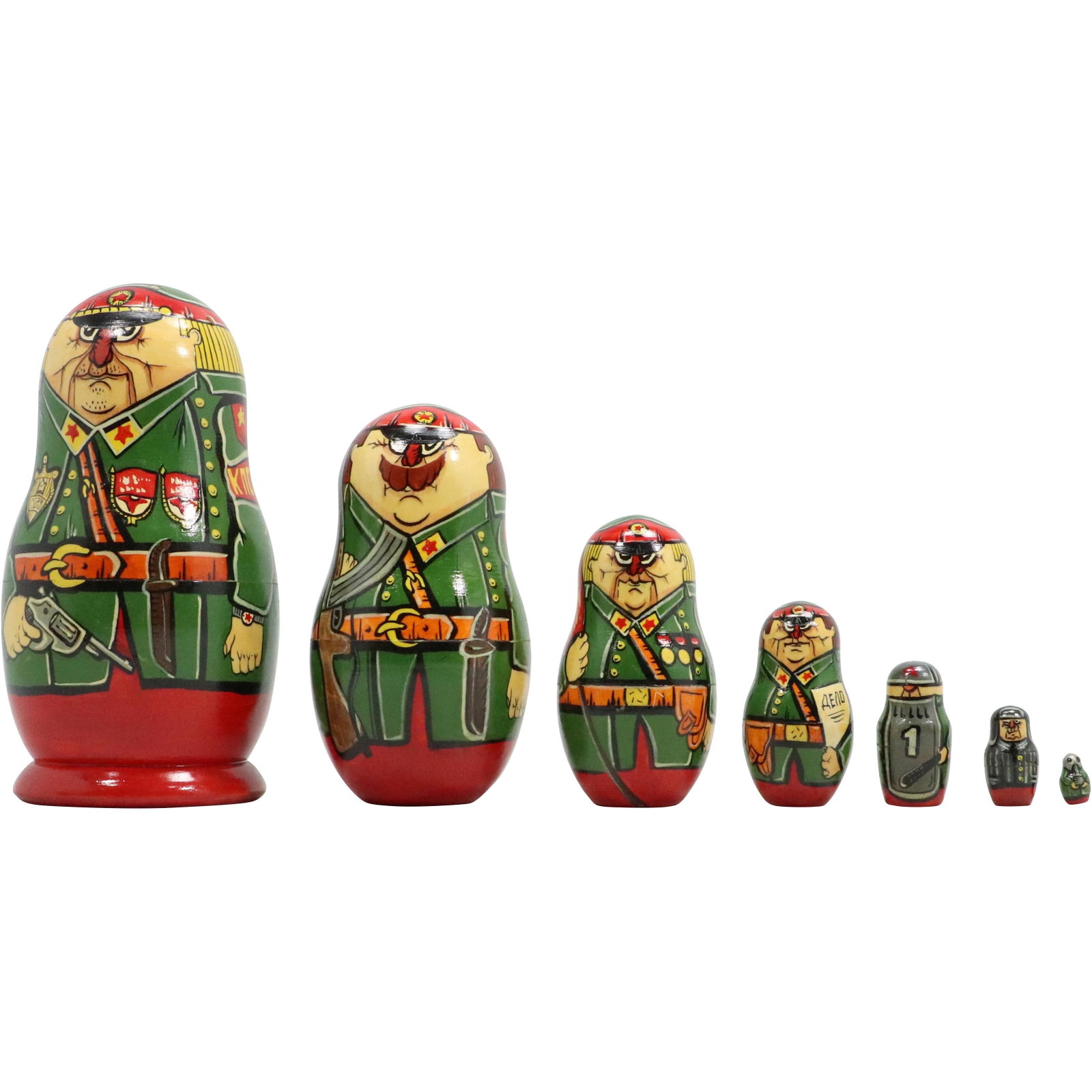 Nesting of 7 Russian Wood Dolls "Military Soldiers" Graduated Size Characters: Nesting of 7 Russian Wood Dolls "Military Soldiers" Graduated Size Characters. size: 6.75h 3.25w