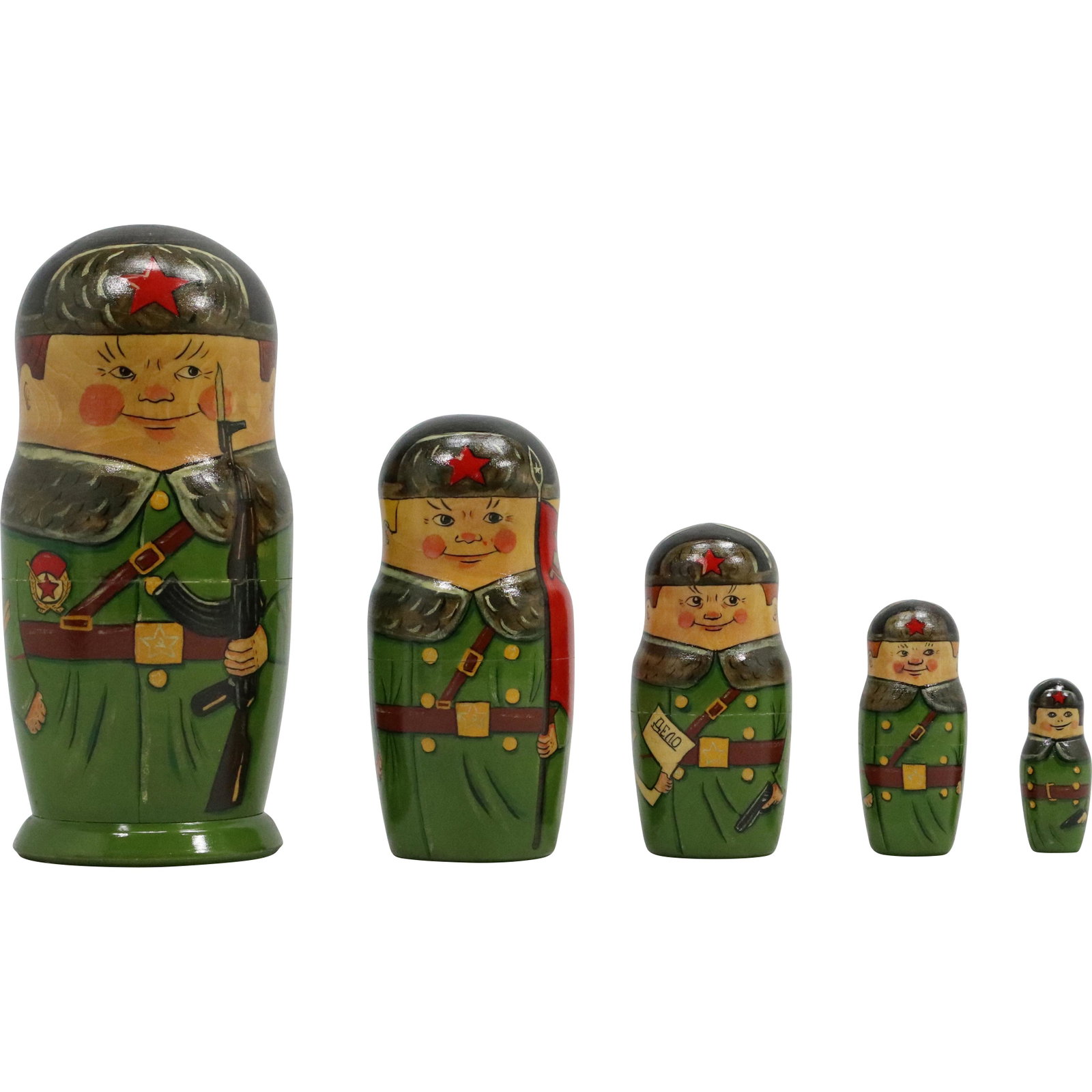Nesting of 5 Russian Wood Dolls "Military Soldiers" Graduated Size Characters: Nesting of 5 Russian Wood Dolls "Military Soldiers" Graduated Size Characters. size: 7h 3.5w