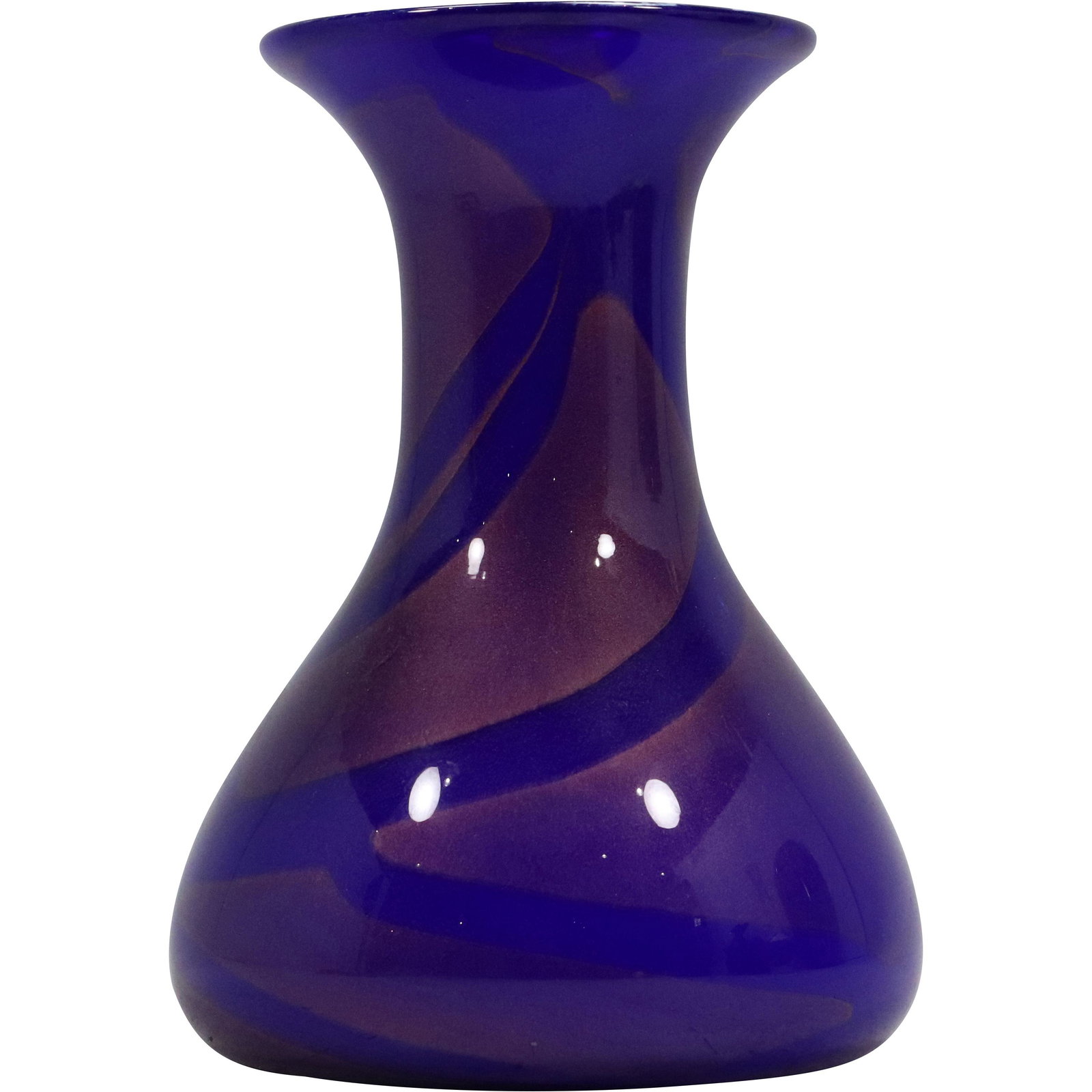 Signed N Hougs Cobalt Blue Cased Glass Vase with Maroon Swirl: Signed N Hougs Cobalt Blue Cased Glass Vase with Maroon Swirl. size: 8h 5.75w