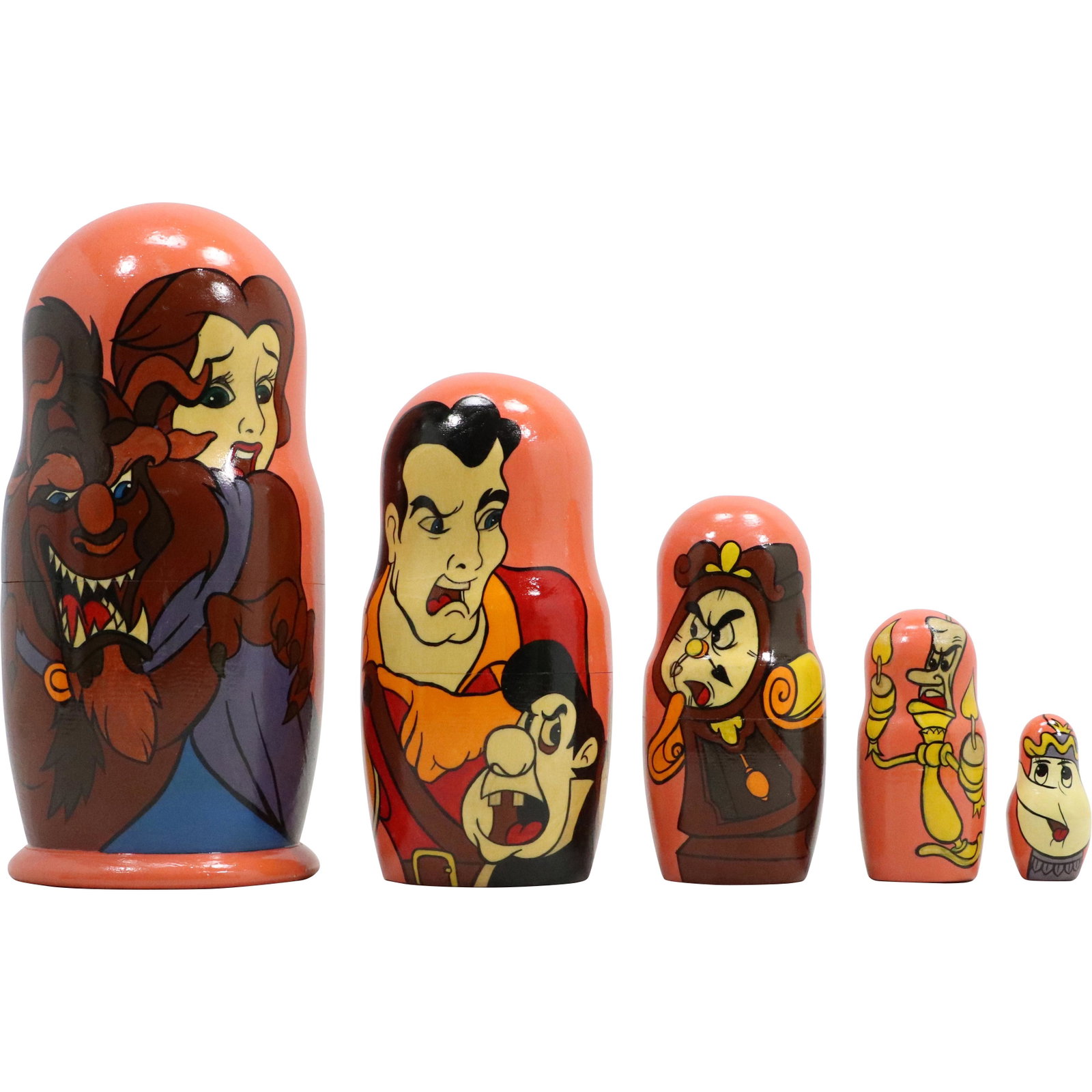 Nesting of 5 Russian Wood Dolls "Beauty and The Beast" Graduated Size Characters: Nesting of 5 Russian Wood Dolls "Beauty and The Beast" Graduated Size Characters. size: 7.25h 3.25w