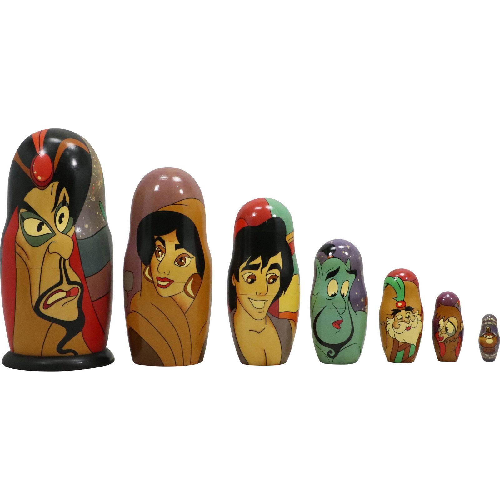 Nesting of 7 Russian Wood Dolls "Aladdin" Graduated Size Characters: Nesting of 7 Russian Wood Dolls "Aladdin" Graduated Size Characters. size: 8.5h 4w