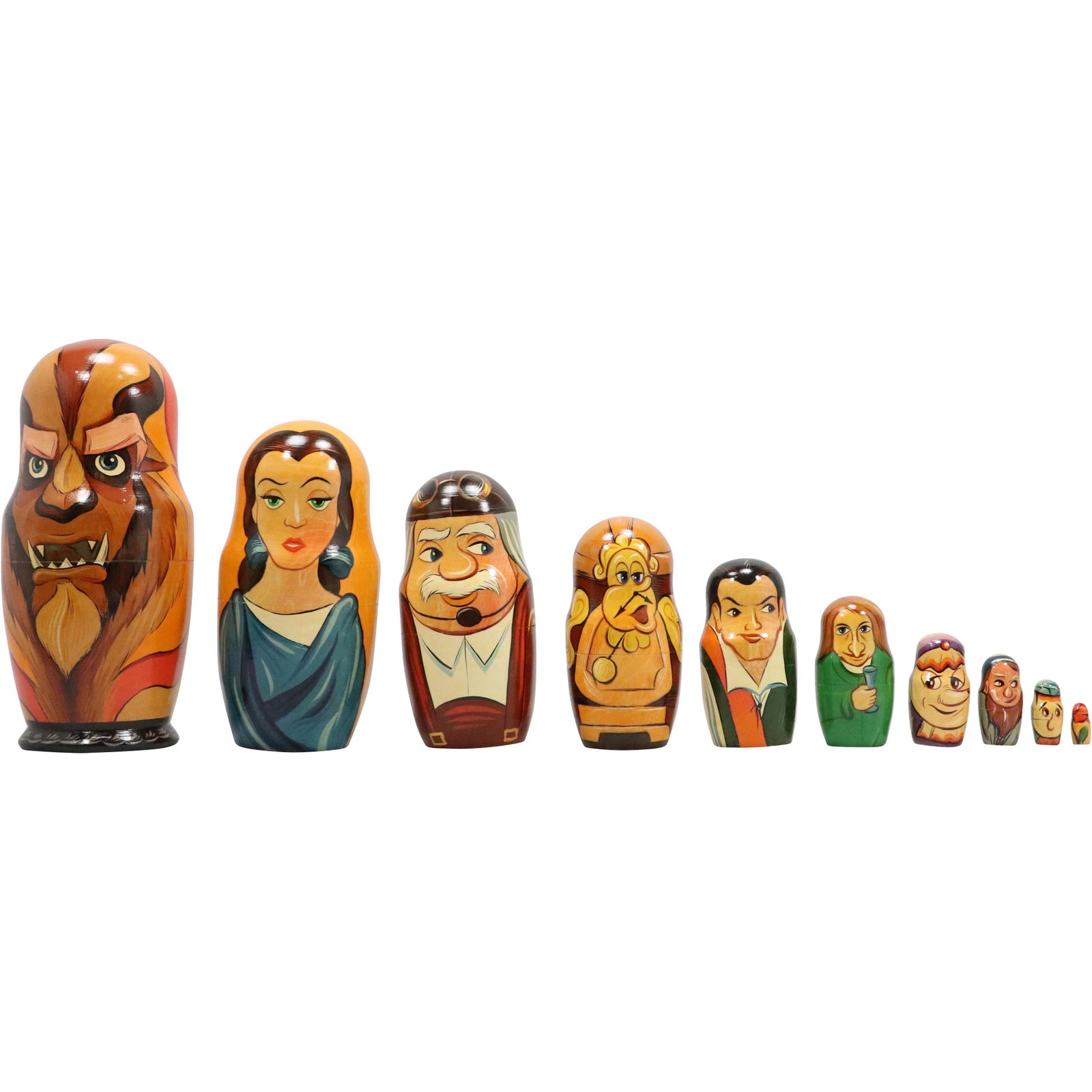 Nesting of 10 Russian Wood Dolls Graduated Size Characters: Nesting of 10 Russian Wood Dolls Graduated Size Characters. size: 10.5h 5w