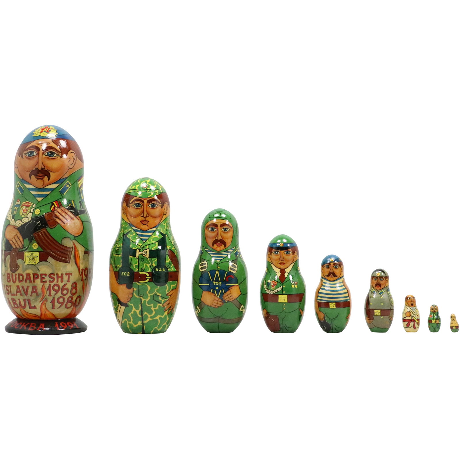 Nesting of 9 Russian Wood Dolls "Military Airforce" Graduated Size Characters: Nesting of 9 Russian Wood Dolls "Military Airforce" Graduated Size Characters. size: 12h 4.5w