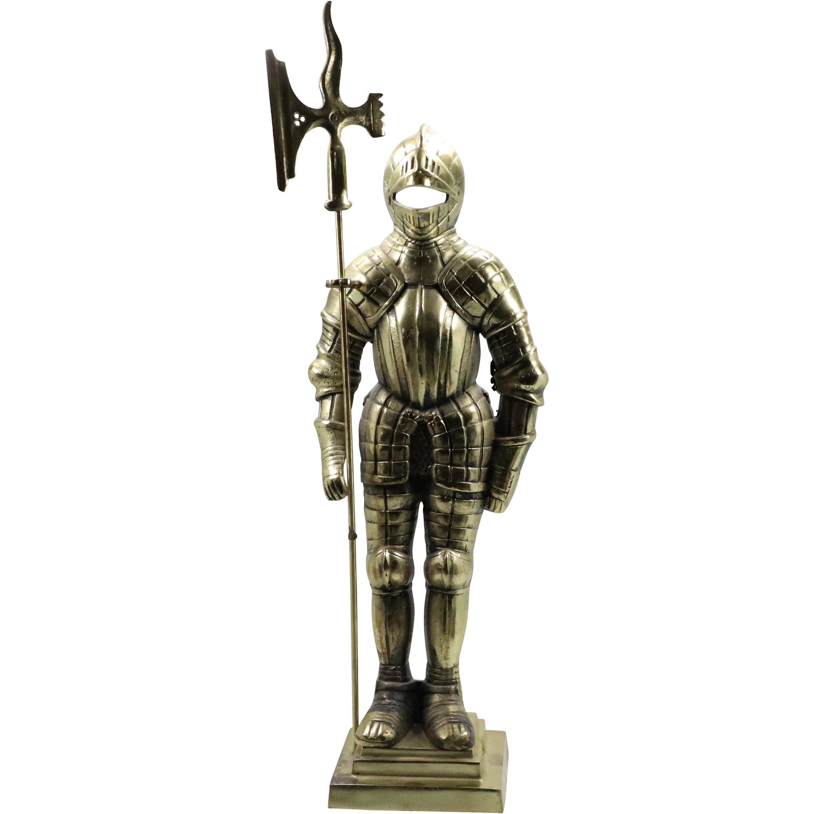 30 inches Tall Cast Brass Knight in Armor Figure Statue: 30 inches Tall Cast Brass Knight in Armor Figure Statue. finish. Good patina size: 30 in. height x 9.75 in. wide