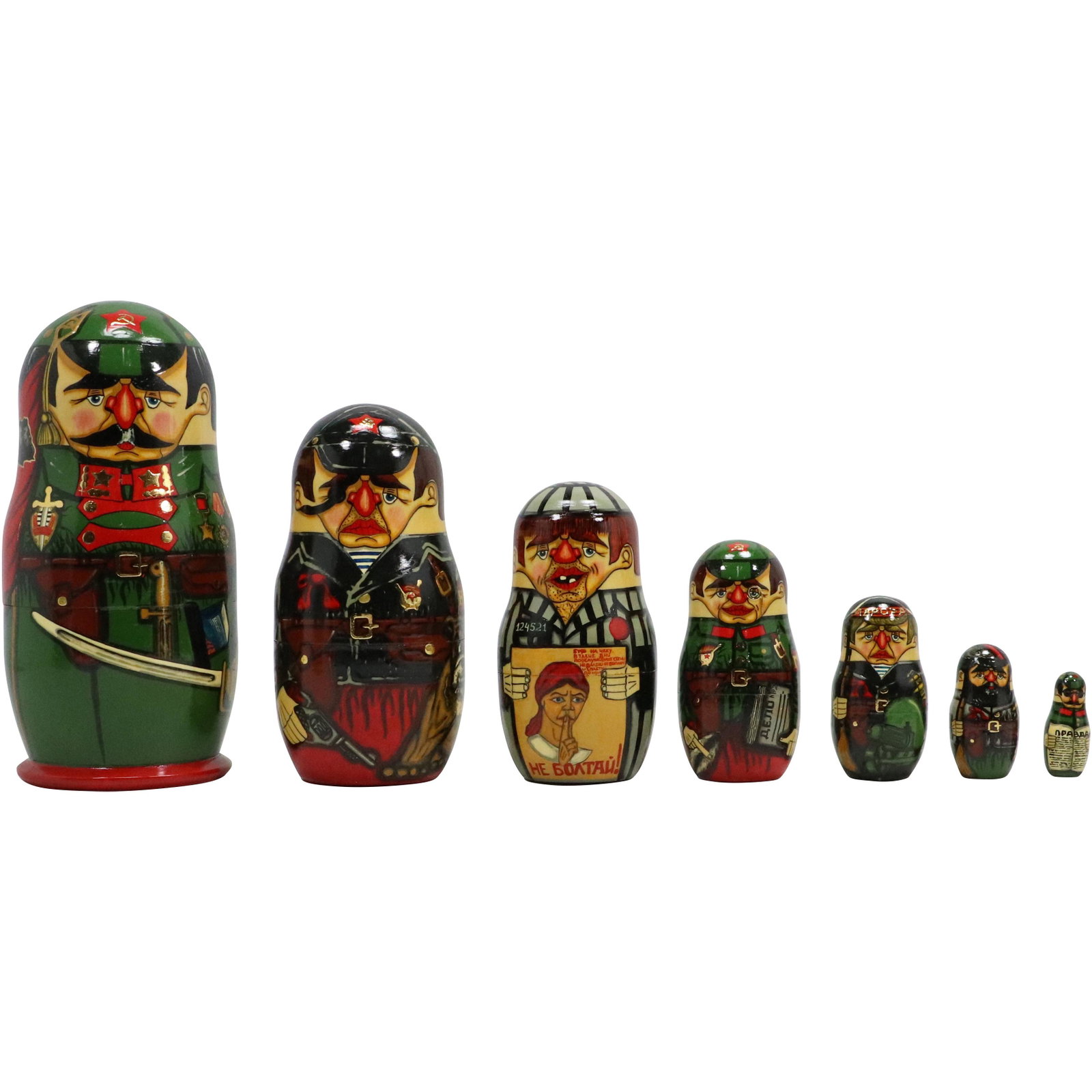 Nesting of 7 Russian Wood Dolls "Military Soldiers Officers" Graduated Size Characters: Nesting of 7 Russian Wood Dolls "Military Soldiers Officers" Graduated Size Characters. size: 8.5h 4w