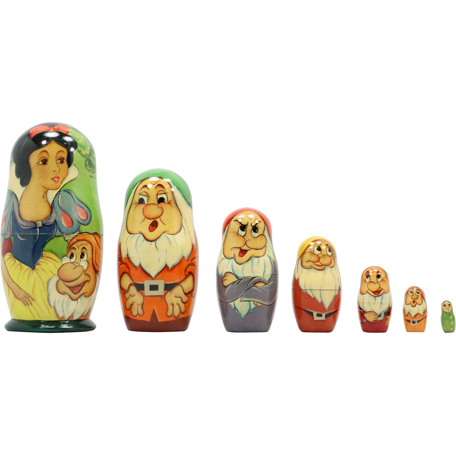 Nesting of 7 Russian Wood Dolls "Snow White" Graduated Size Characters: Nesting of 7 Russian Wood Dolls "Snow White" Graduated Size Characters. size: 8.5h 4w