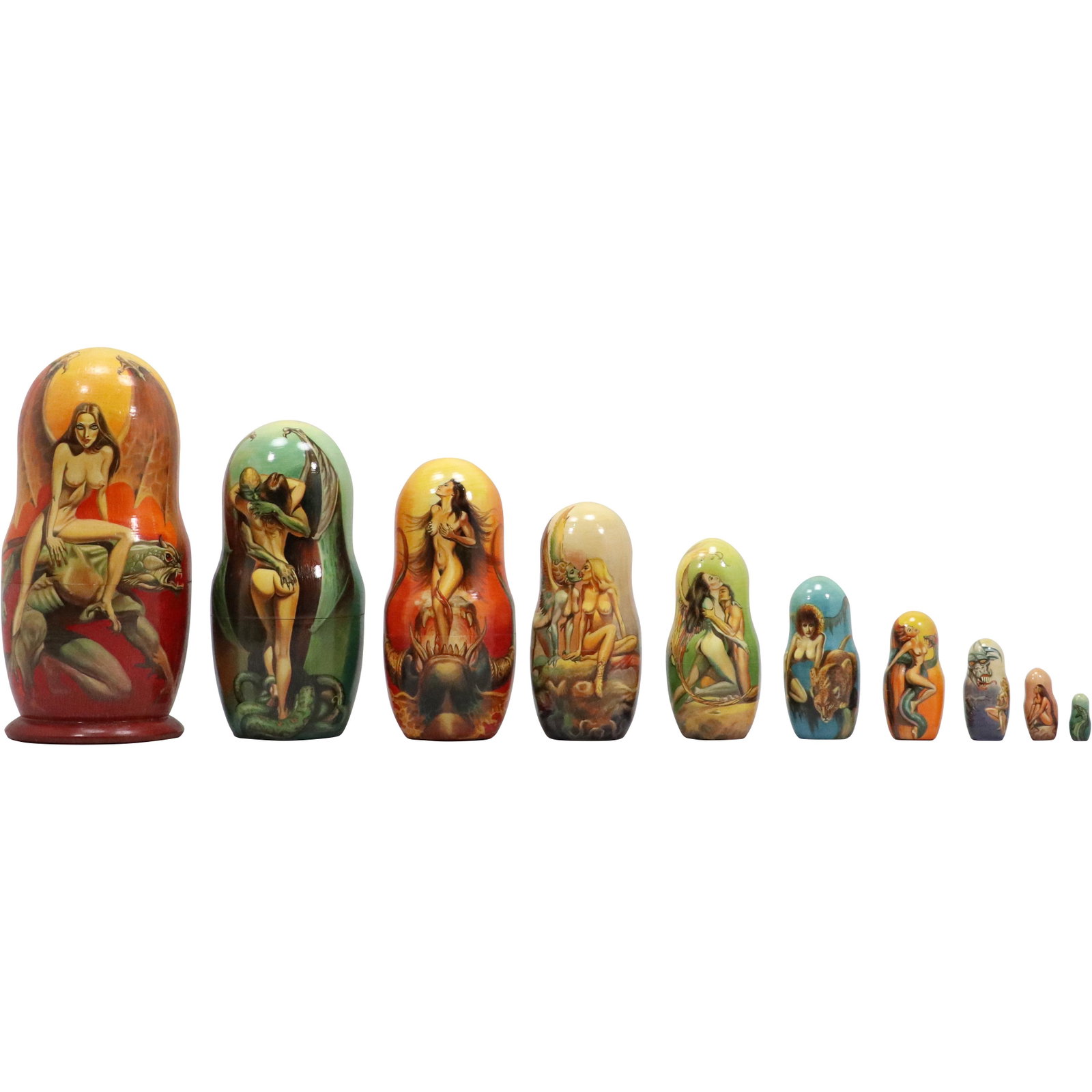 Nesting of 10 Russian Wood Dolls "Risque Nude Women " Graduated Size Characters: Nesting of 10 Russian Wood Dolls "Risque Nude Women " Graduated Size Characters. size: 10h 4.75w