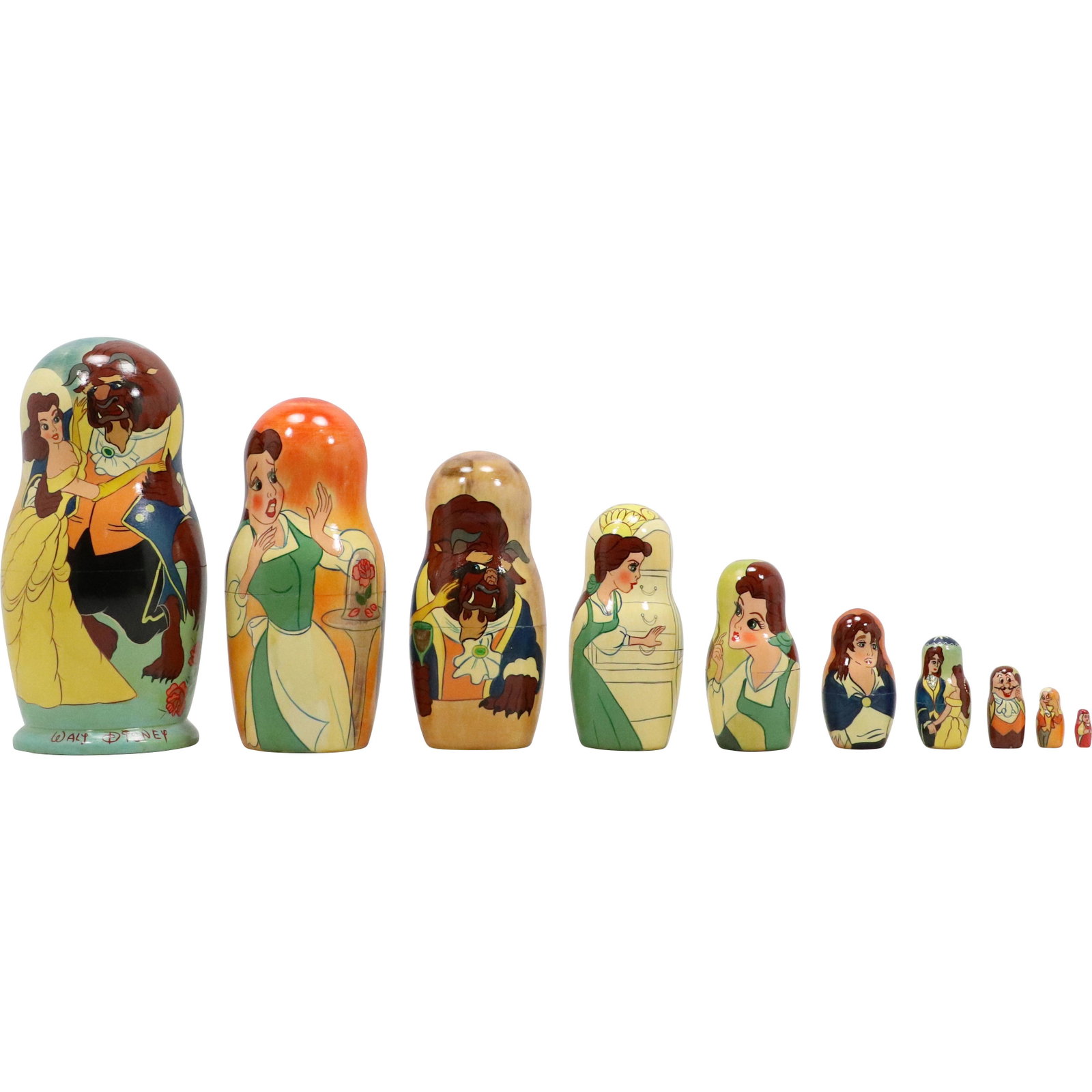 Nesting of 10 Russian Wood Dolls "Beauty and The Beast" Graduated Size Characters: Nesting of 10 Russian Wood Dolls "Beauty and The Beast" Graduated Size Characters. size: 9h 4.5w