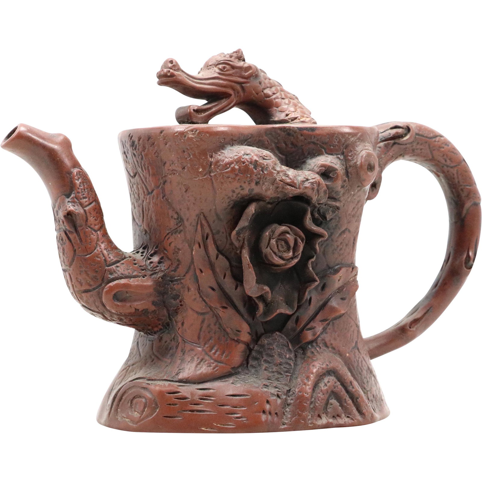 Unique Asian Oriental Teapot Tree Trunk with Dragon Redware Composition, Signed on Base: Unique Asian Oriental Teapot Tree Trunk with Dragon Redware Composition, Signed on Base. size: 6.5h 8.5w