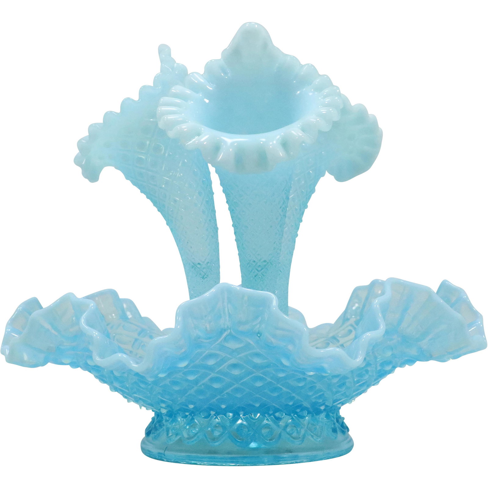 Fenton Blue Glass with Opalescent Triple Vase Epergne: Fenton Blue Glass with Opalescent Triple Vase Epergne . size: 9.5h 10.5w