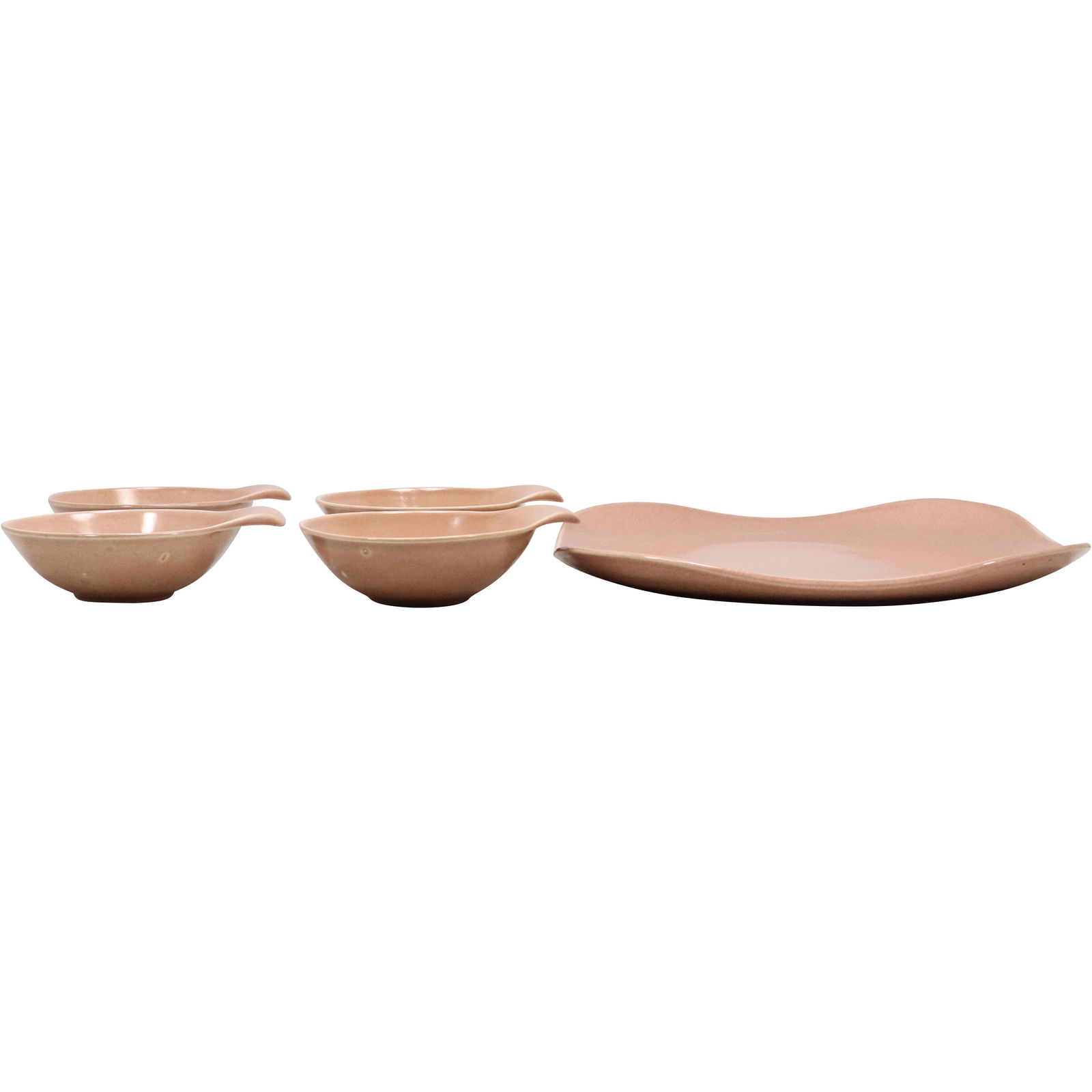RUSSEL WRIGHT Platter and 4 Bowls Set American Modern Coral Pink Peach: RUSSEL WRIGHT Platter and 4 Bowls Set American Modern Coral Pink Peach. size: x4 plates 2h 7w plate 1.5h 14.75w