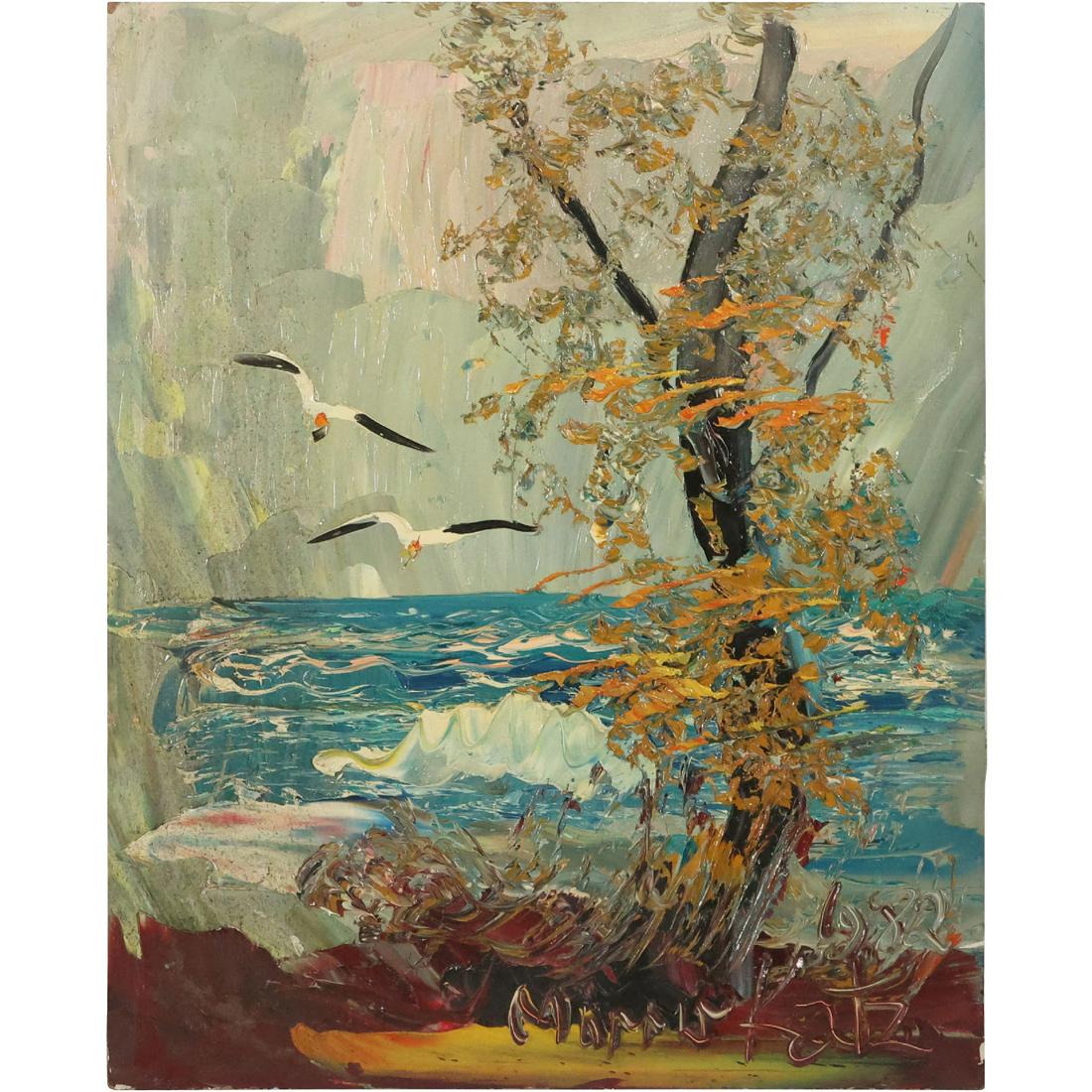MORRIS KATZ Jewish American 1982 Waterfront Crashing waves Autumn Trees Seagulls Impasto Painting: MORRIS KATZ Jewish American 1982 Waterfront Crashing waves Autumn Trees Seagulls Impasto Painting size: 20 x 16 ASKart: Morris Katz (born Moshe Katz on March 5, 1932 in Galicia, Poland, died November 