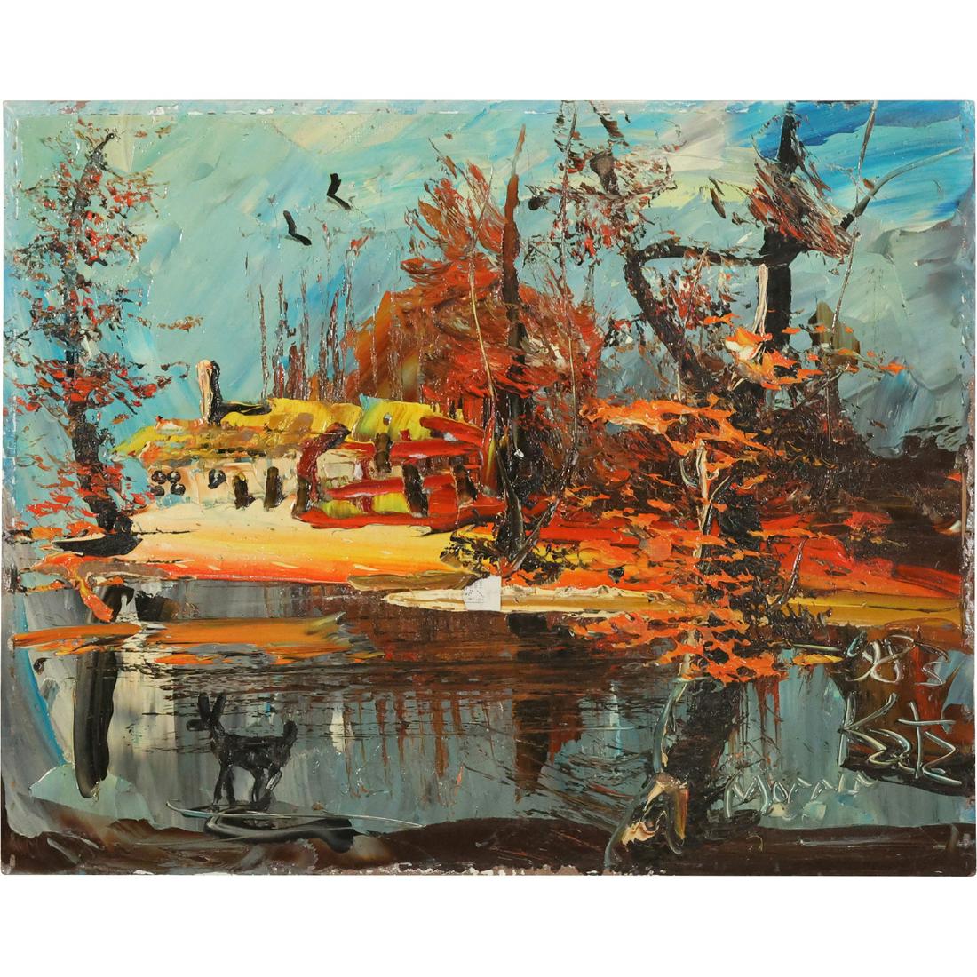 MORRIS KATZ Jewish American 1983 Lakeview mountain House Deer at Water Landscape: MORRIS KATZ Jewish American 1983 Lakeview mountain House Deer at Water Landscape size: 16 x 20 ASKart: Morris Katz (born Moshe Katz on March 5, 1932 in Galicia, Poland, died November 12, 2010 at age