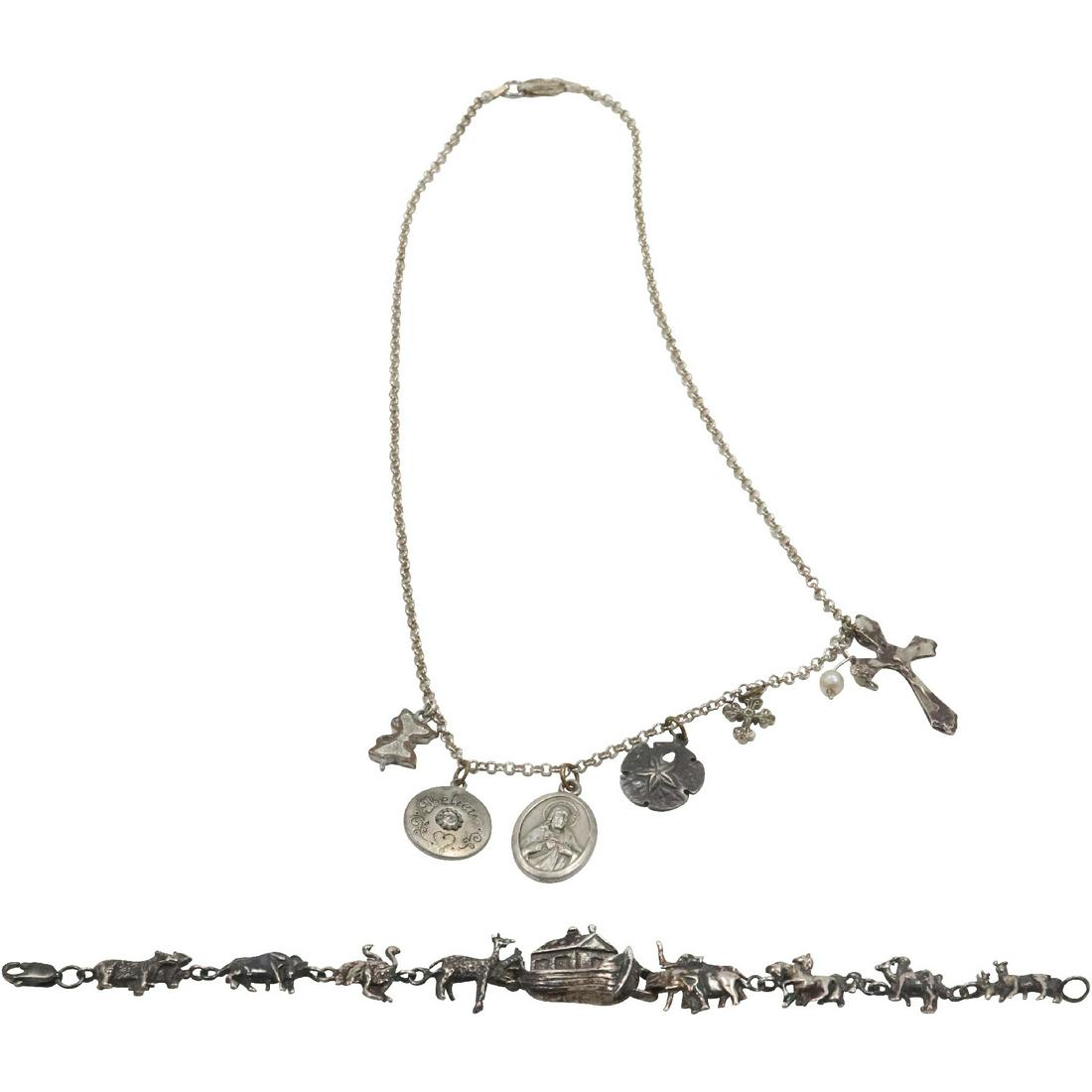 Sterling Silver Noah's Ark Bracelet and .925 Sterling Silver Religious Charms Necklace: Sterling Silver Noah's Ark Bracelet 7 1/2 in. x 5/8 in. and .925 Sterling Silver Religious Charms Necklace 20 in. length