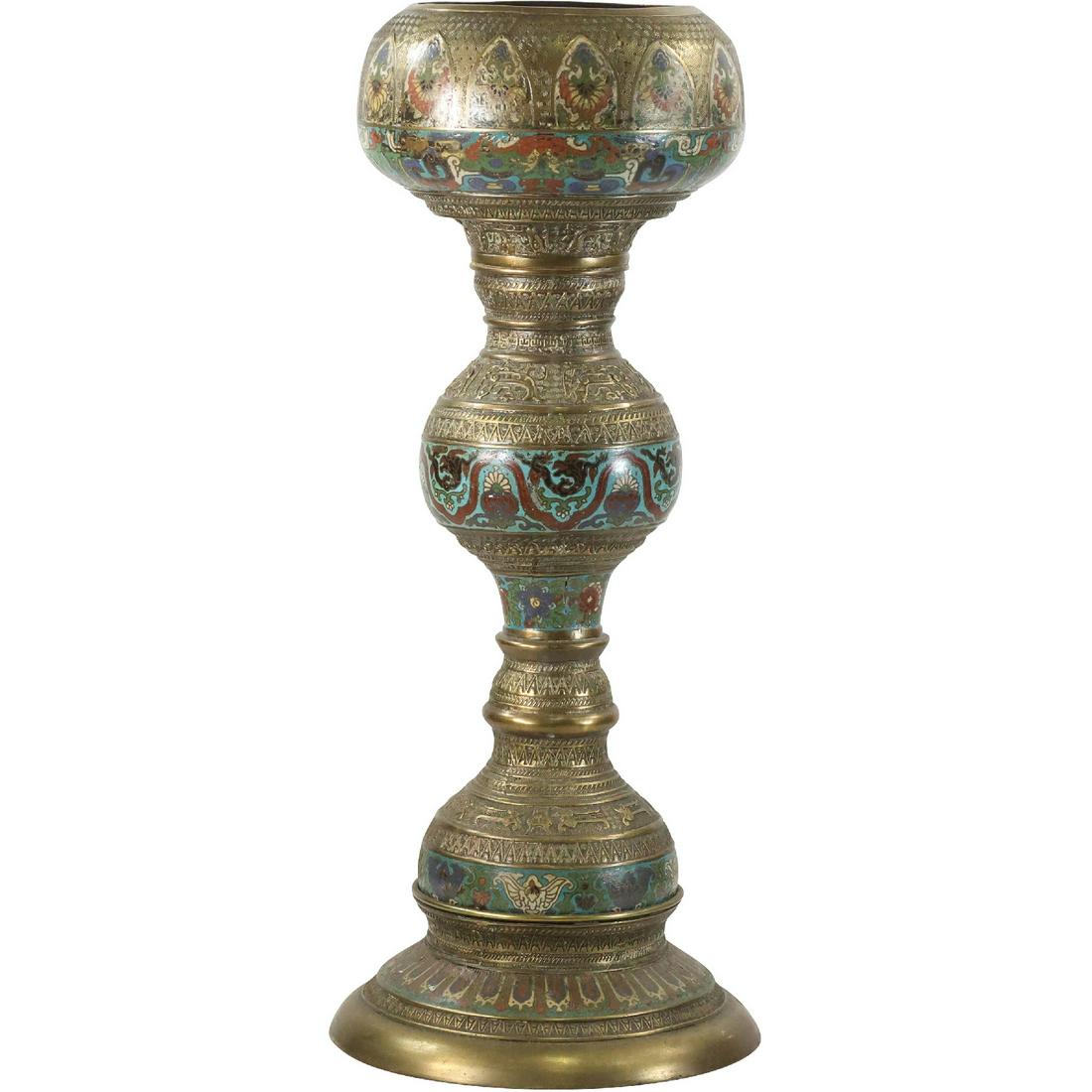 31 inch tall 19th C. Japanese Bronze Champleve Fren Stand / Floor Lamp Base: 31 inch tall 19th C. Japanese Bronze Champleve Fren Stand / Floor Lamp Base. Good original patina finish. size: 31 x 13
