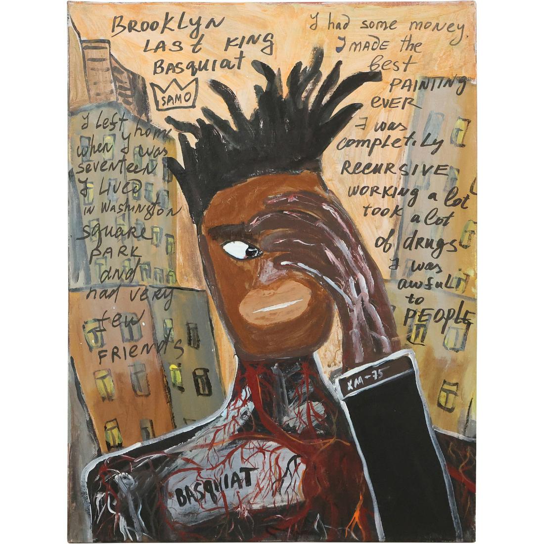 SAMO / Jean Michel Basquiat, attributed to, "Brooklyn Last King Basquiat" Oil Painting: SAMO / Jean Michel Basquiat, attributed to, "Brooklyn Last King Basquiat" Oil Painting. Selling attributed to due to no authentification or COA. Bears SAMO signature with monogram Crown. Oil on Canvas