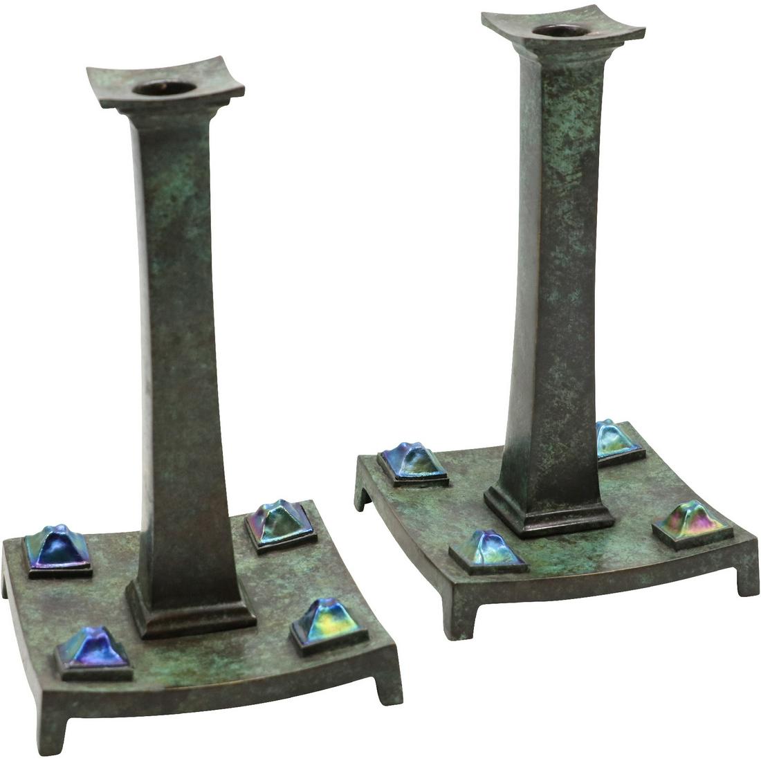 [2] Bronze with Art Glass Jewels Tall Candlesticks marked S 3371 - Good Patina Finish (1 of 9)