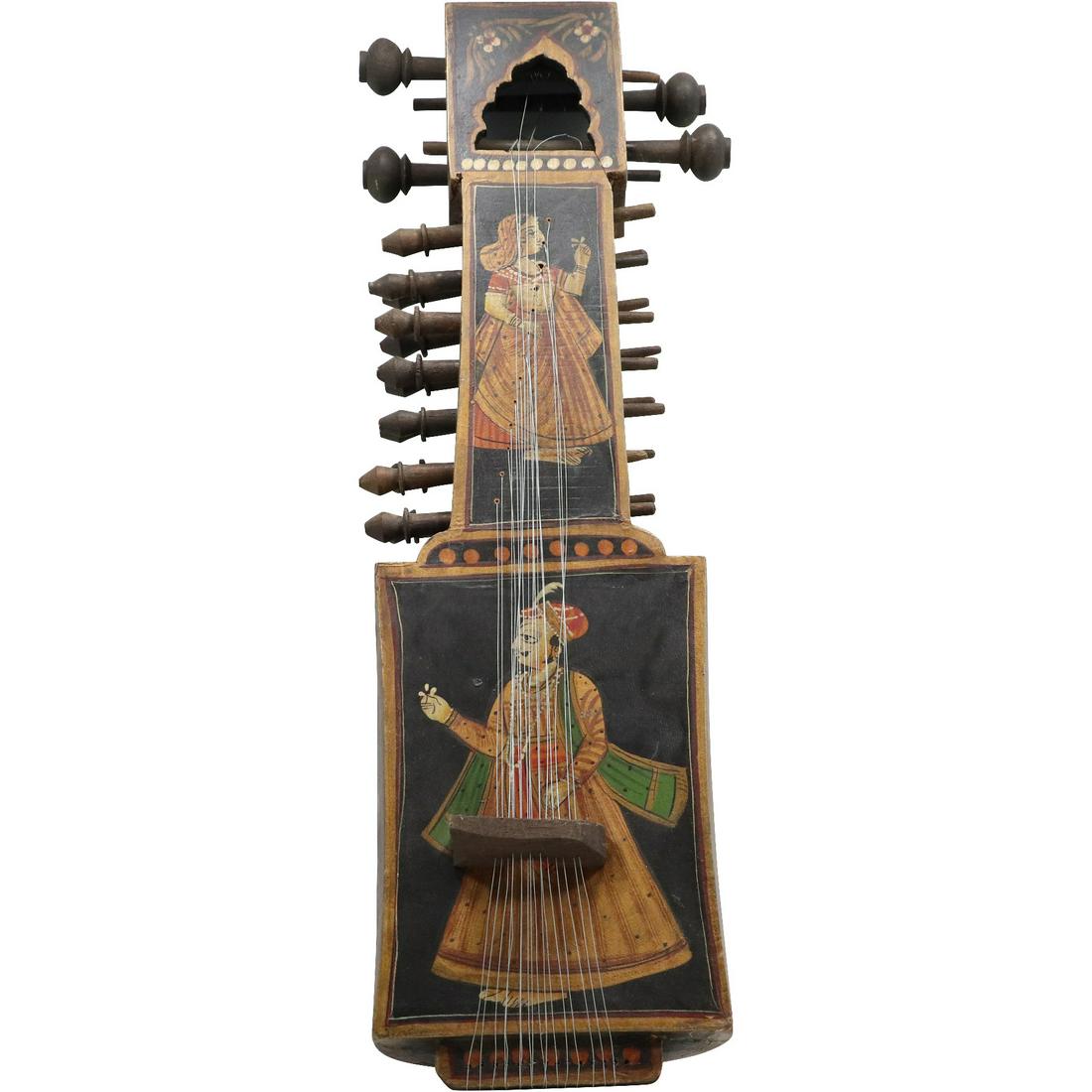 Antique Japanese Sitar Instrument Black Laquered with People Scenes: Antique Japanese Sitar Instrument Black Laquered with People Scenes. size: 22.25h 6.5w