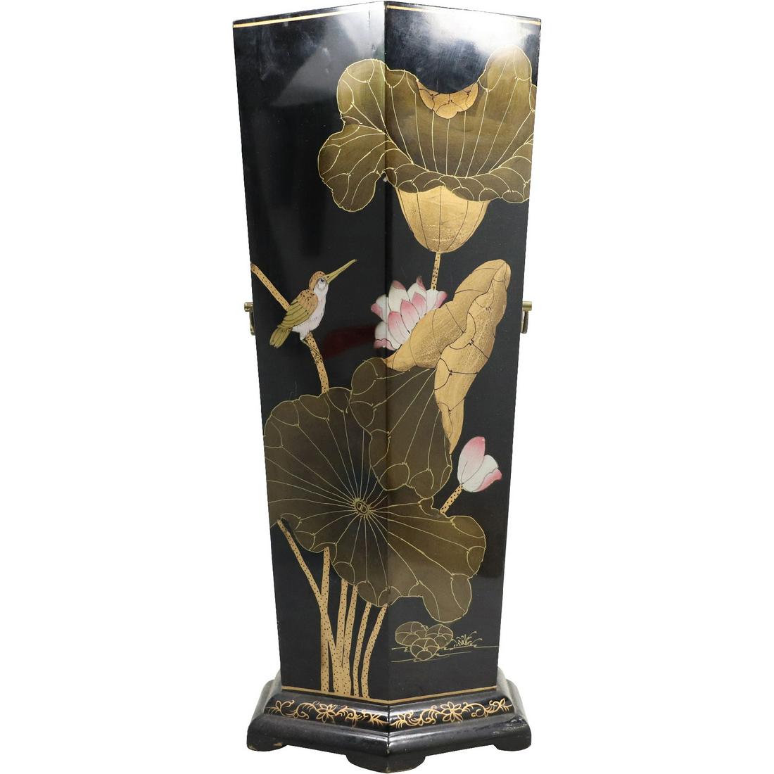Japanese Laquered Umbrella Stand Galvanized Liner, Decorated Birds: Japanese Laquered Umbrella Stand Galvanized Liner, Decorated Birds. size: 22.25h 10.75w
