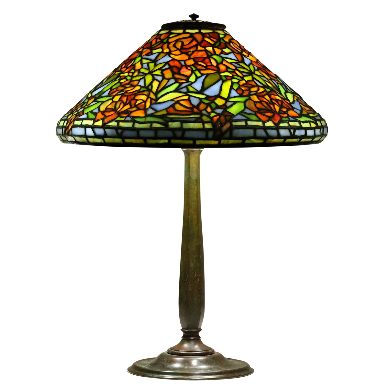 Tiffany Studios New York "Wild Roses" Leaded Glass Lamp, Bronze Base both Signed: Tiffany Studios New York "Wild Roses" Leaded Glass Lamp, Bronze Base both Signed. Shade is 16 inches diameter, good bronze patina, glass is all good and "rattlles" when bumped.