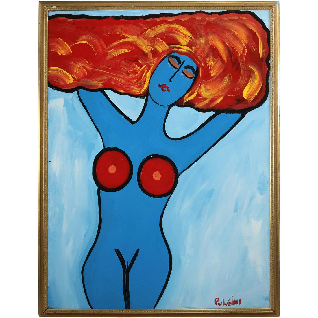 Thomas Pulgini, American, Oil/b Painting Abstract Blue Woman with Red Hair: Thomas Pulgini, American, Oil/b Painting Abstract Blue Woman with Red Hair. Oil on board painting. Signed, Framed. Well Listed American Artist. size: 40 x 30, 42 x 32 outside frame. ASKart: Thomas Pul
