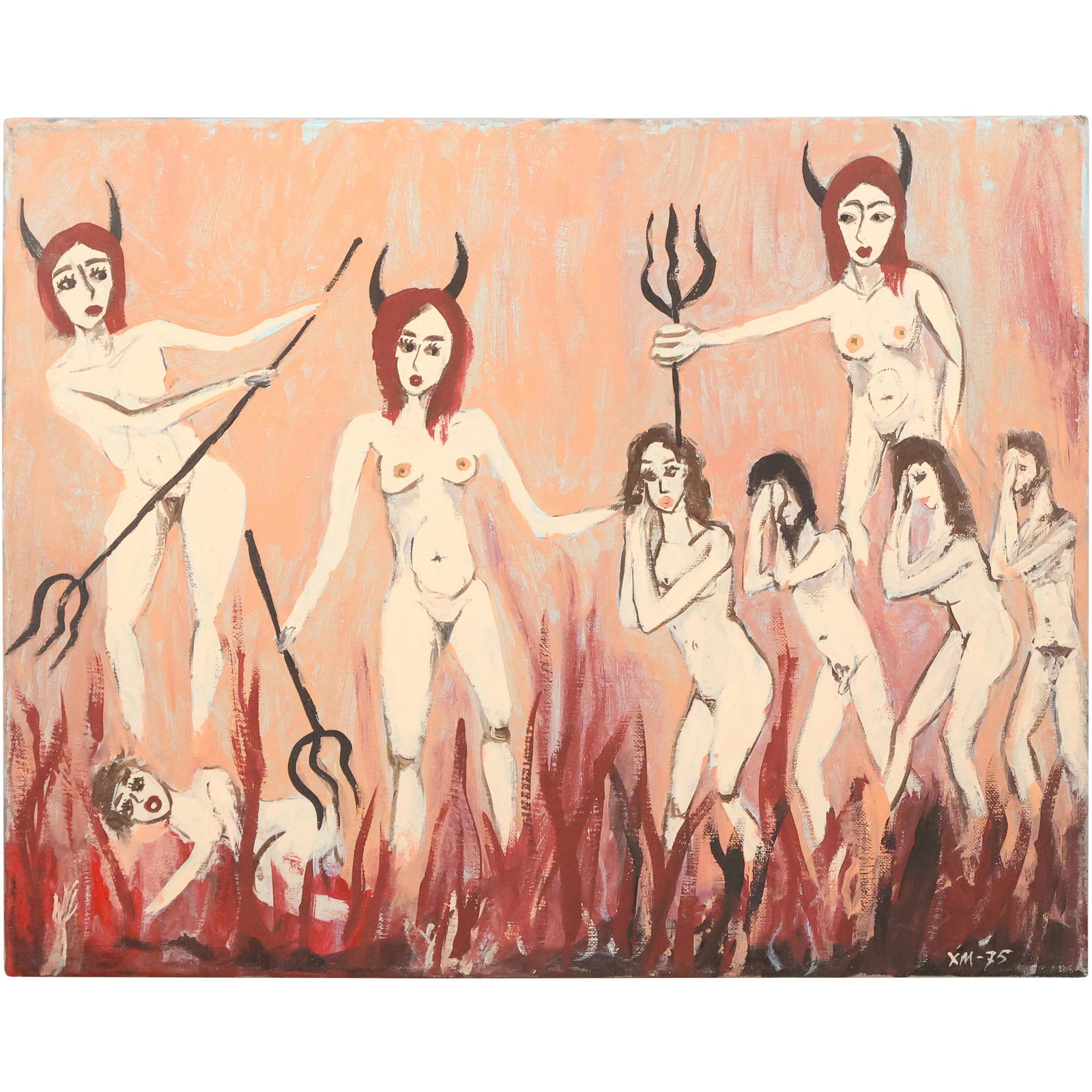 Signed XM-75, Outsider Art Oil Painting Grouping Nude Female Devils in Hell, oil on canvas: Signed XM-75, Outsider Art Oil Painting Grouping Nude Female Devils in Hell, oil on canvas. size: 16 x 20