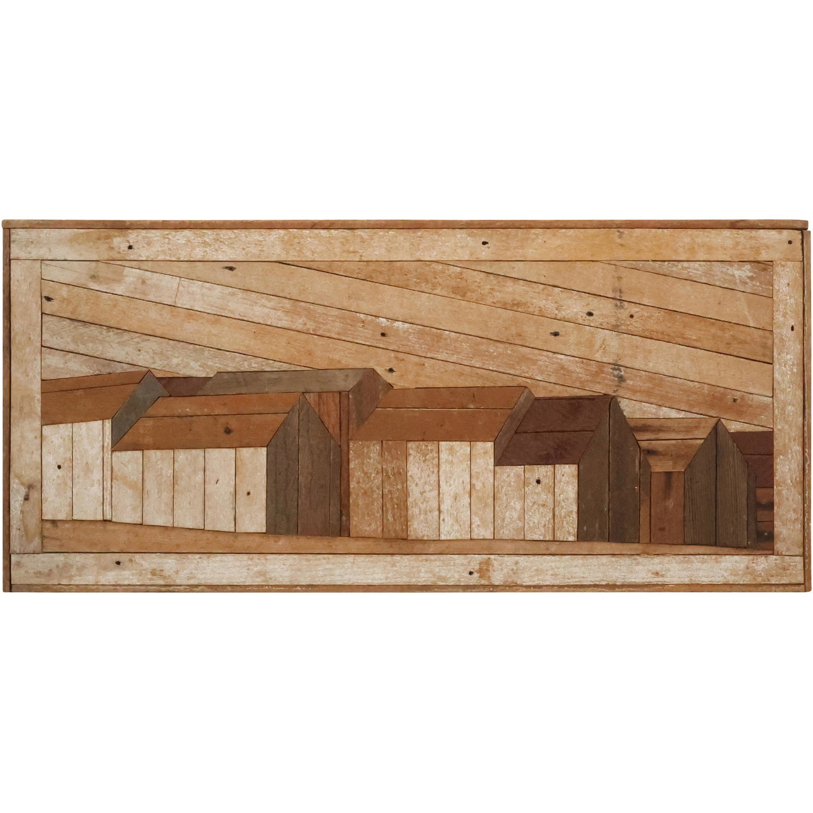 William T Smith "Provincetown" Inlaid Wooden Barns / Sheds Wall Hanging Art: William T Smith "Provincetown" Inlaid Wooden Barns / Sheds Wall Hanging Art. Signed on verso. size: 17 x 36.5
