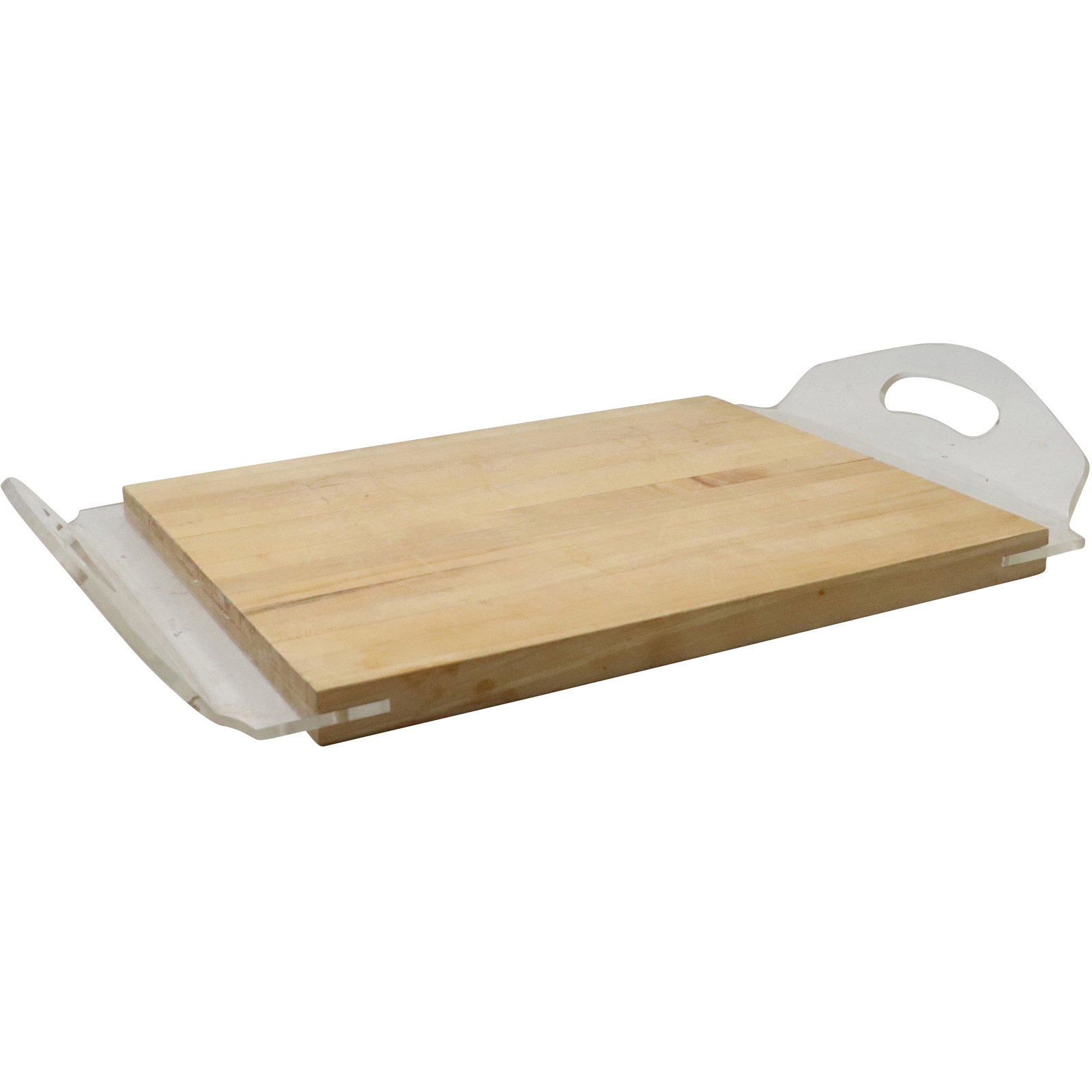 Mid-Century Modern Maple Cutting Board Tray with Clear Lucite Handles: Mid-Century Modern Maple Cutting Board Tray with Clear Lucite Handles. size: 3.25h 23.25w