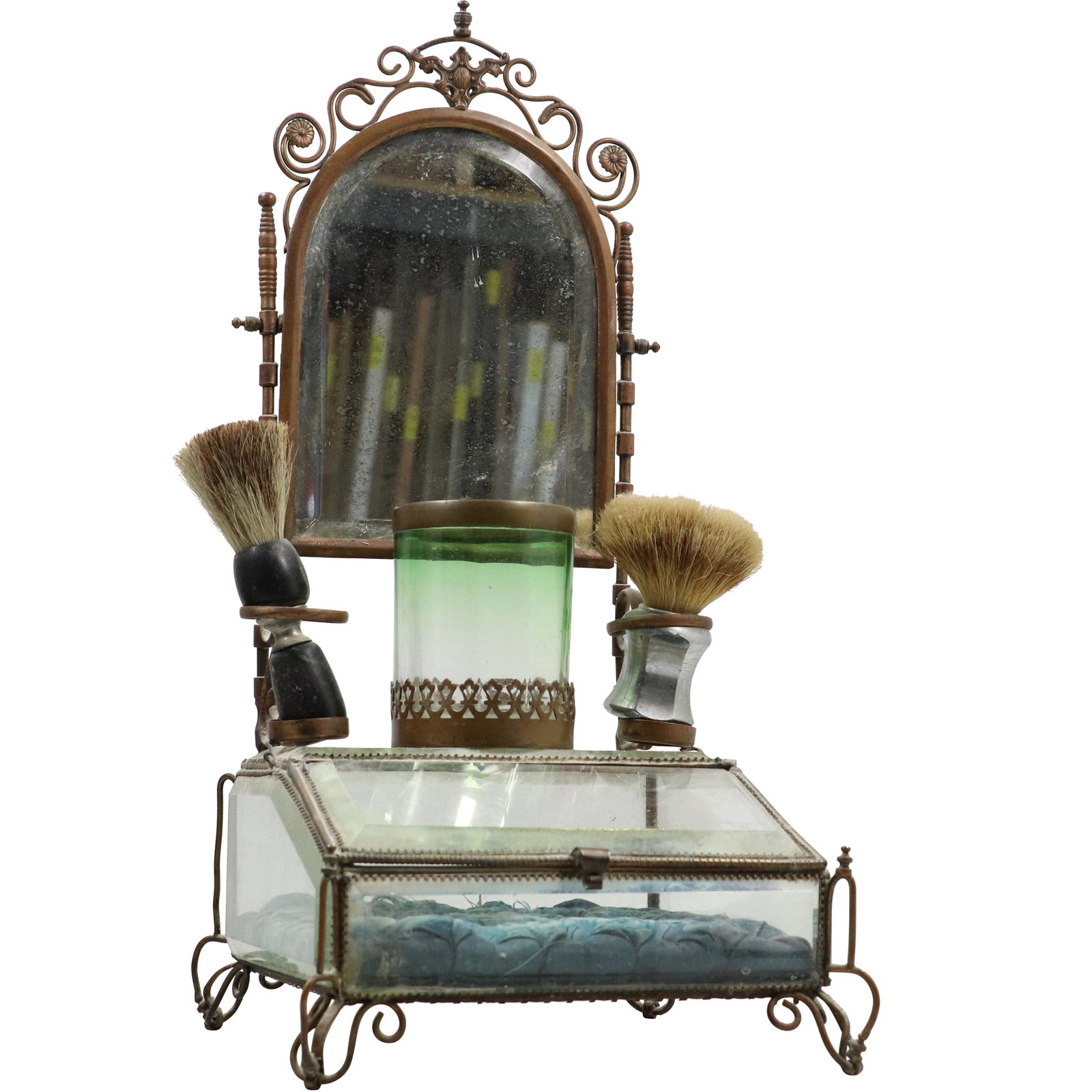Unusual French Victorian Shaving Mirror Wire & Glass with Vitrine Base Center: Unusual French Victorian Shaving Mirror Wire & Glass with Vitrine Base Center. Circa 1880. size: 17.5h 8.25w