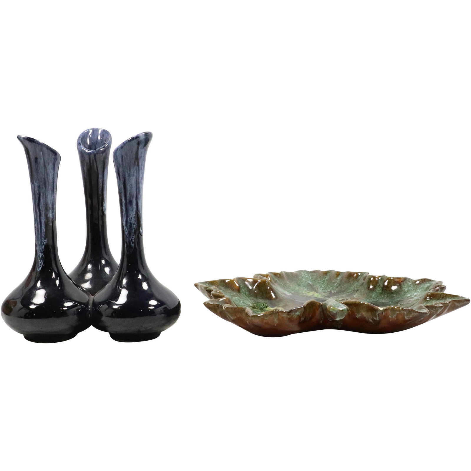 [2] VAN BRIGGLE Art Pottery Triple Vase and Leaf Dish (1 of 17)