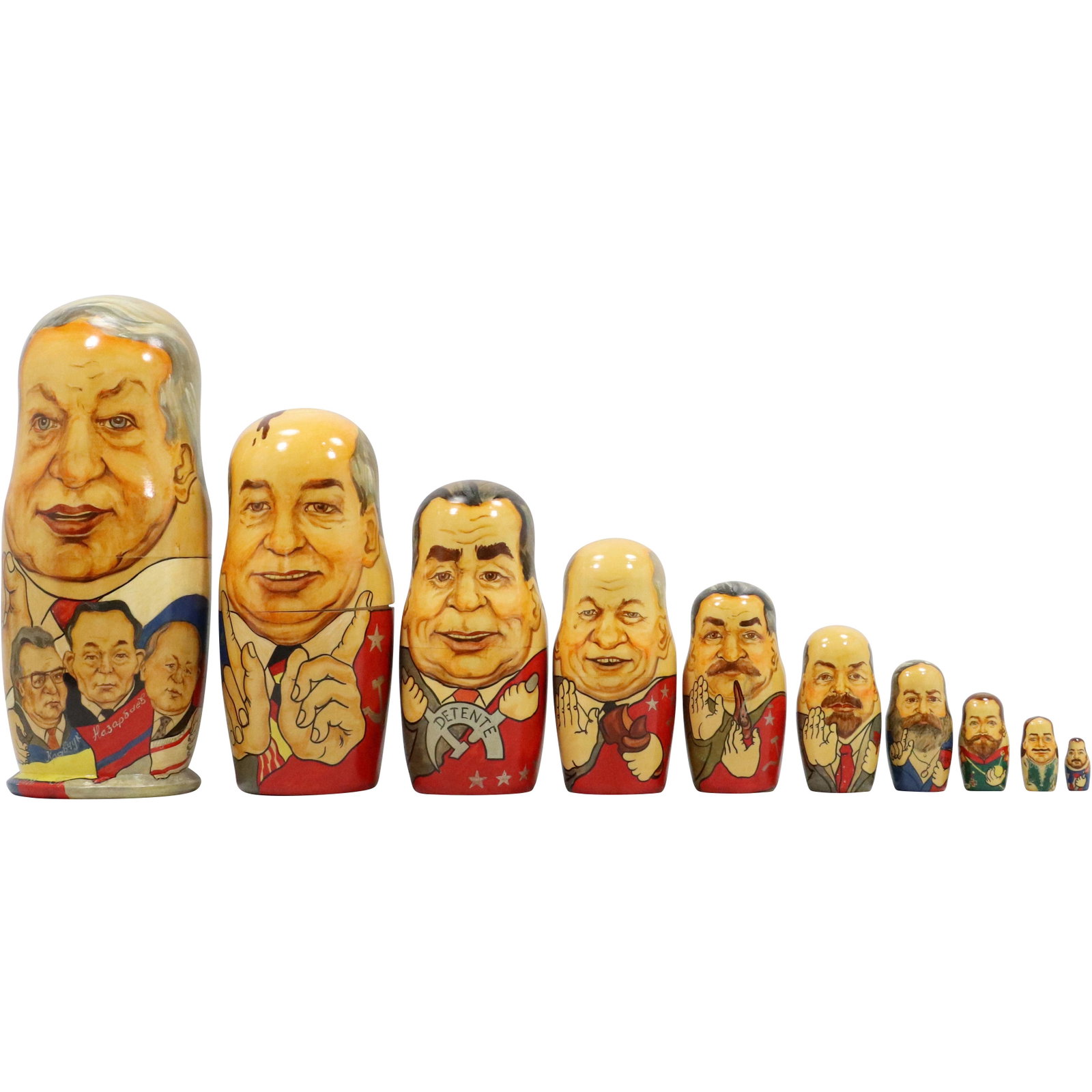 Russian Hand Painted Nestings of Wooden Dolls "Politcal Gentlemen": Russian Hand Painted Nestings of Wooden Dolls "Politcal Gentlemen"p> size: 13h 5.5w