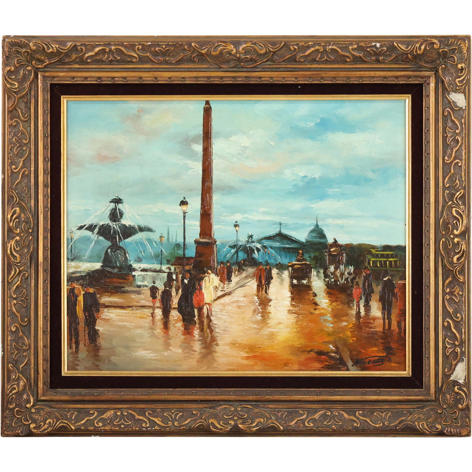 Signed Oil Painting, Busy Town Square Scene with Monument and Fountain (1 of 13)