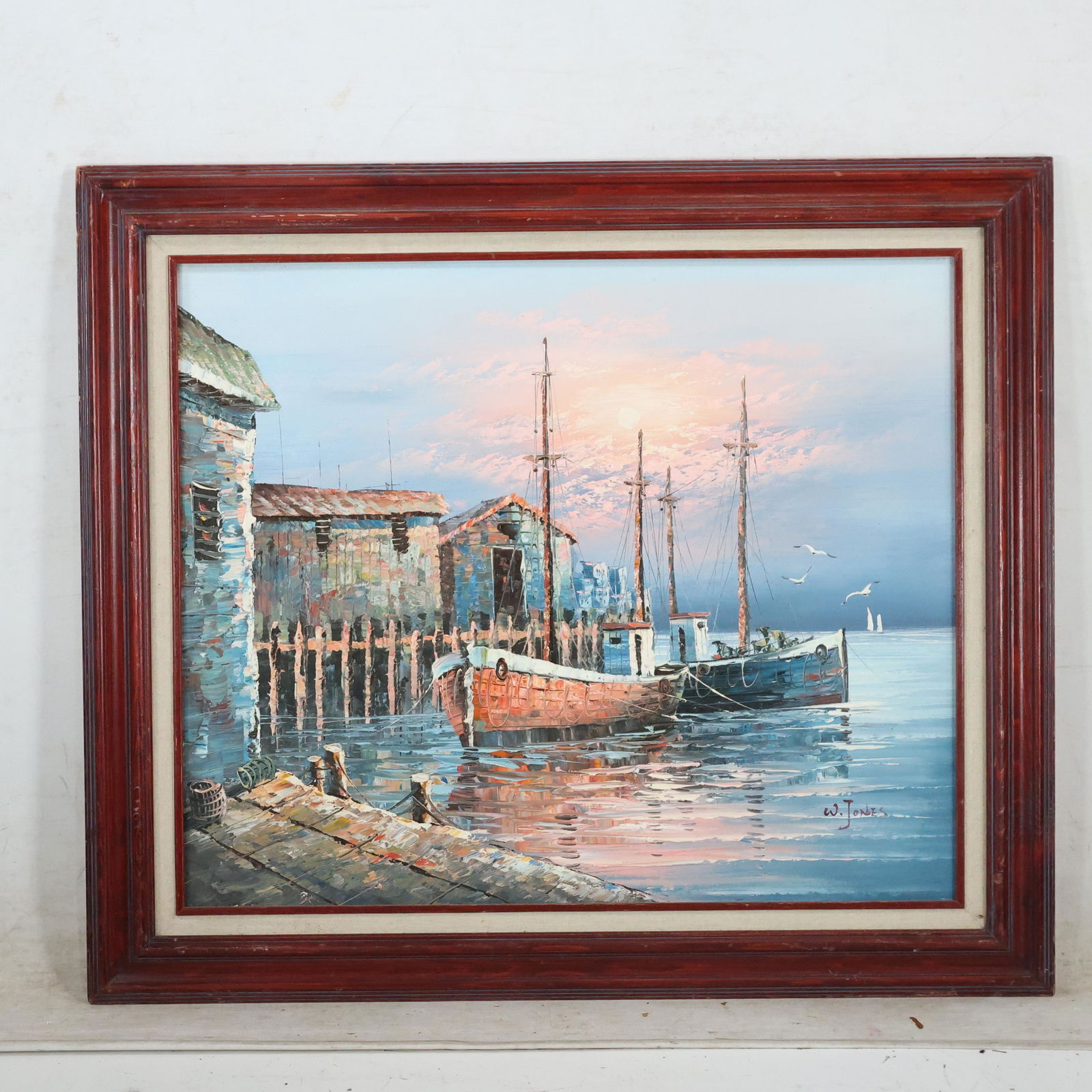 【中古】M▽W.JONES 油絵 漁港 船 海 港 (37866) W. Jones Fishermen Boat Harbor Oil Painting