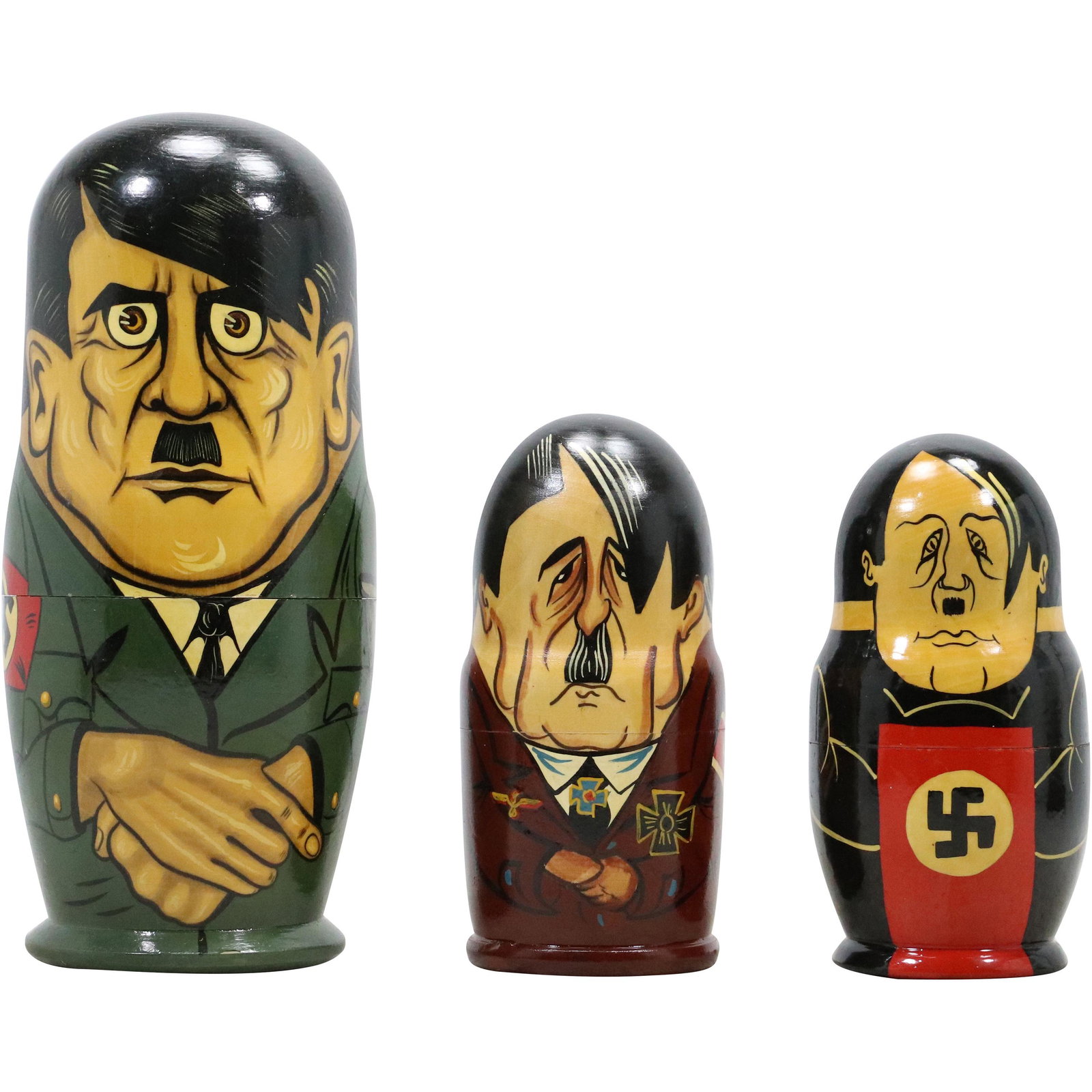 [3] Russian Hand Painted Nestings of Wooden Dolls "Hitler - German Nazi": [3] Russian Hand Painted Nestings of Wooden Dolls "Hitler - German Nazi" size: 6.5 10.5h 3.5 4.5w