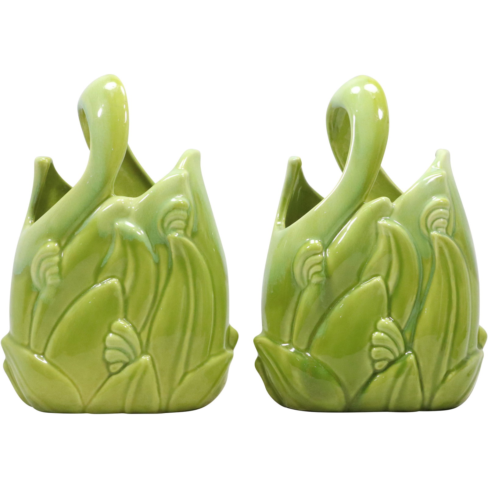 Royal Haeger Pair Green Ceramic Basket Vases (1 of 6)