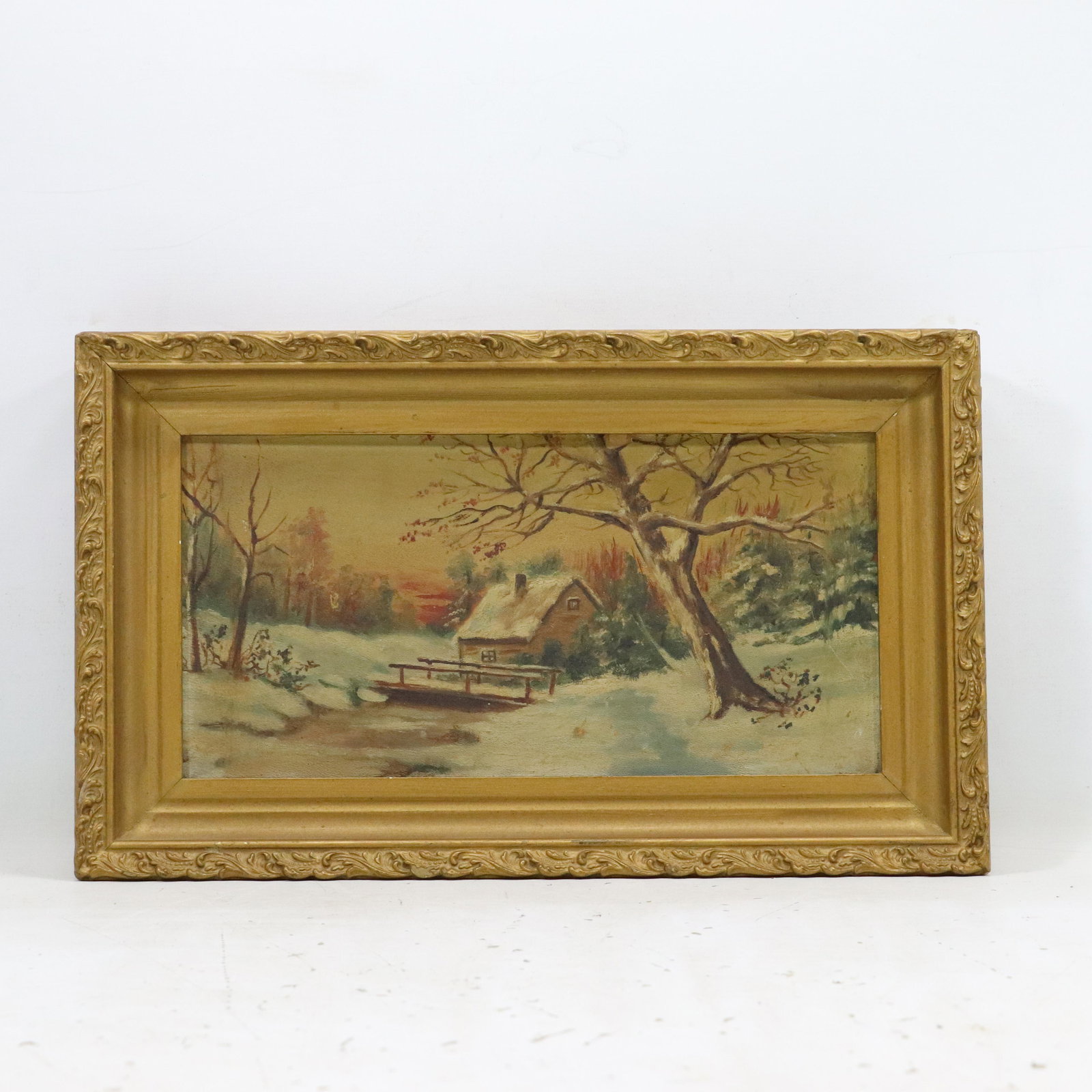 19th C Oil Painting on Board Winter Landscape with Cabin, Original Gold Frame (1 of 9)