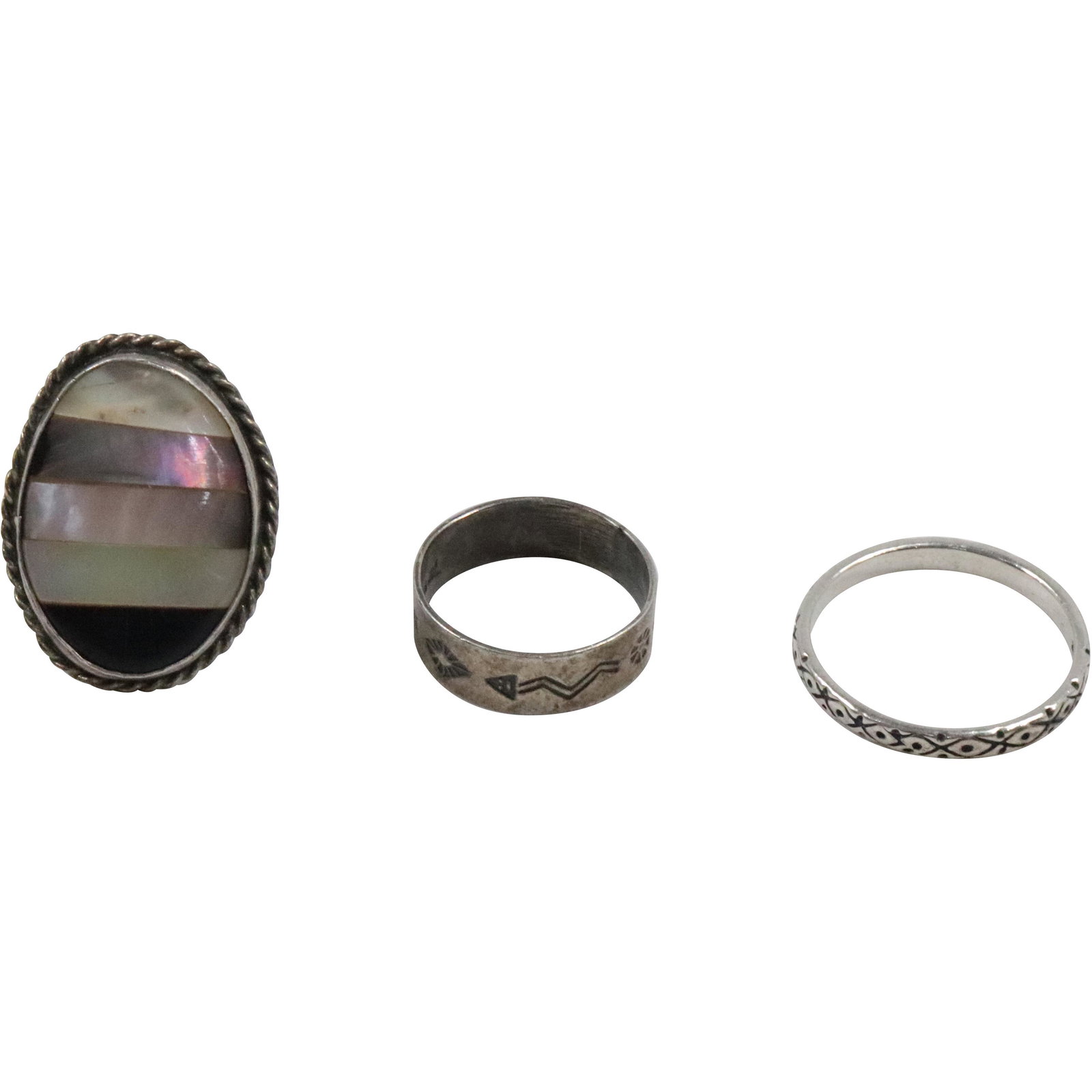 3 Assorted Rings: .925 Sterling Silver Engraved Band Size 10; Engraved Band Size 6.5 and: 3 Assorted Rings: .925 Sterling Silver Engraved Band Size 10; Engraved Band Size 6.5 and tested Sterling Ring with Black Onyx, Abalone, MOP, Size 5.5