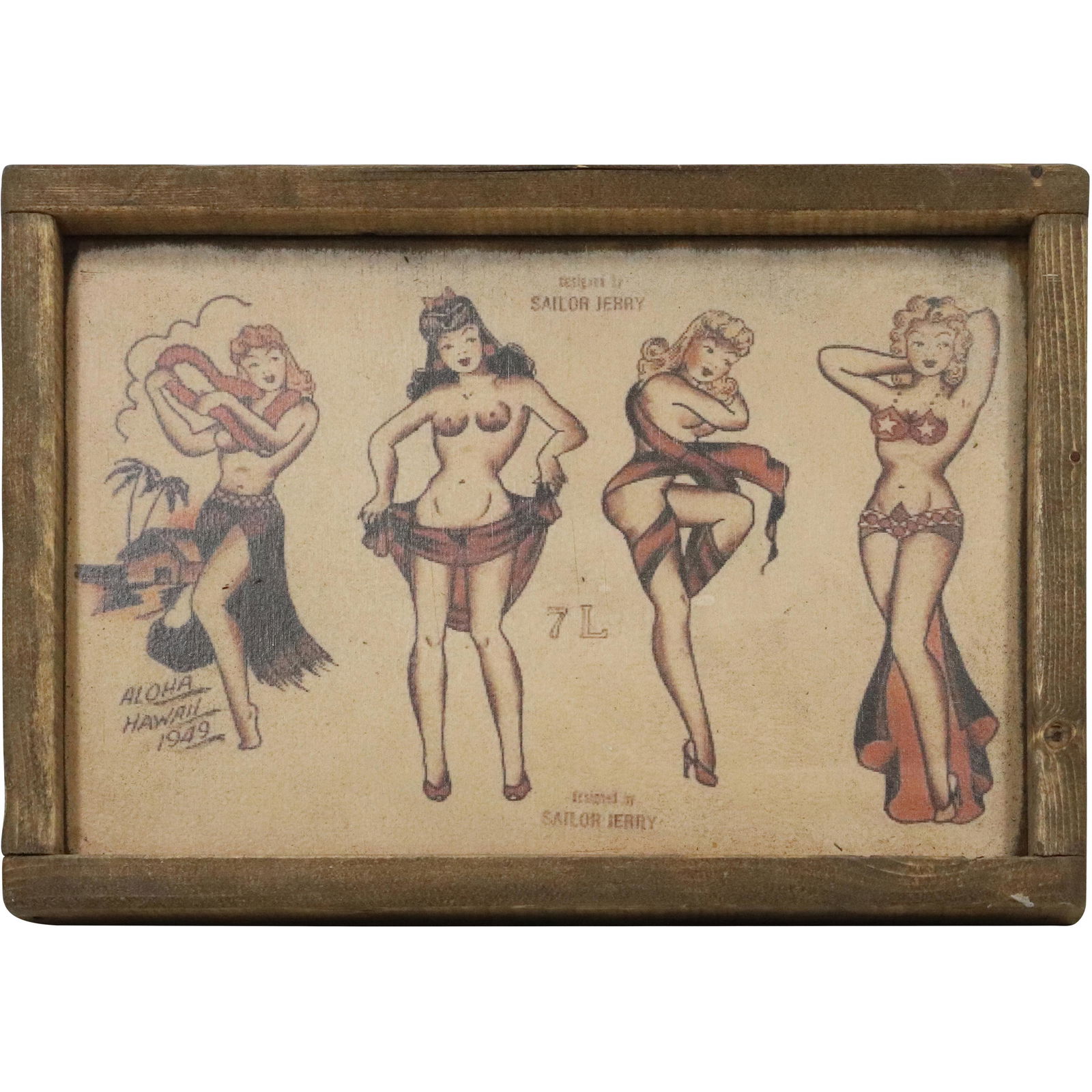 Novelty Wood Print Sign Sailor Jerry "Aloha Hawaii 1949" Risque Women: Novelty Wood Print Sign Sailor Jerry "Aloha Hawaii 1949" Risque Women. size: 9.75h 13.5w