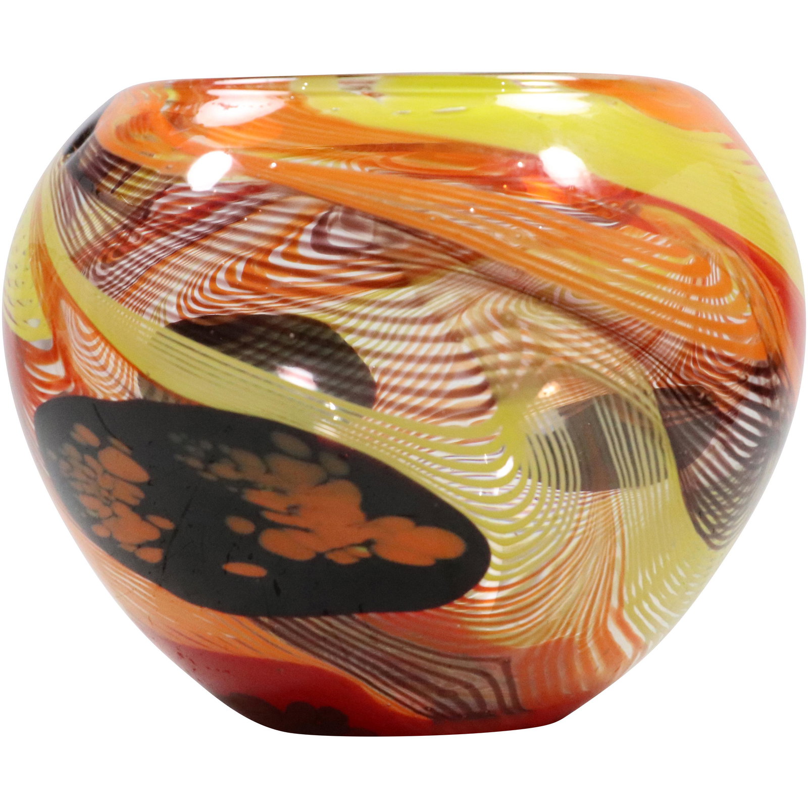 Italian Art Glass Bowl / Vase Bright Orange with Swirl Lace: Italian Art Glass Bowl / Vase Bright Orange with Swirl Lace. size: 7.25h 8w