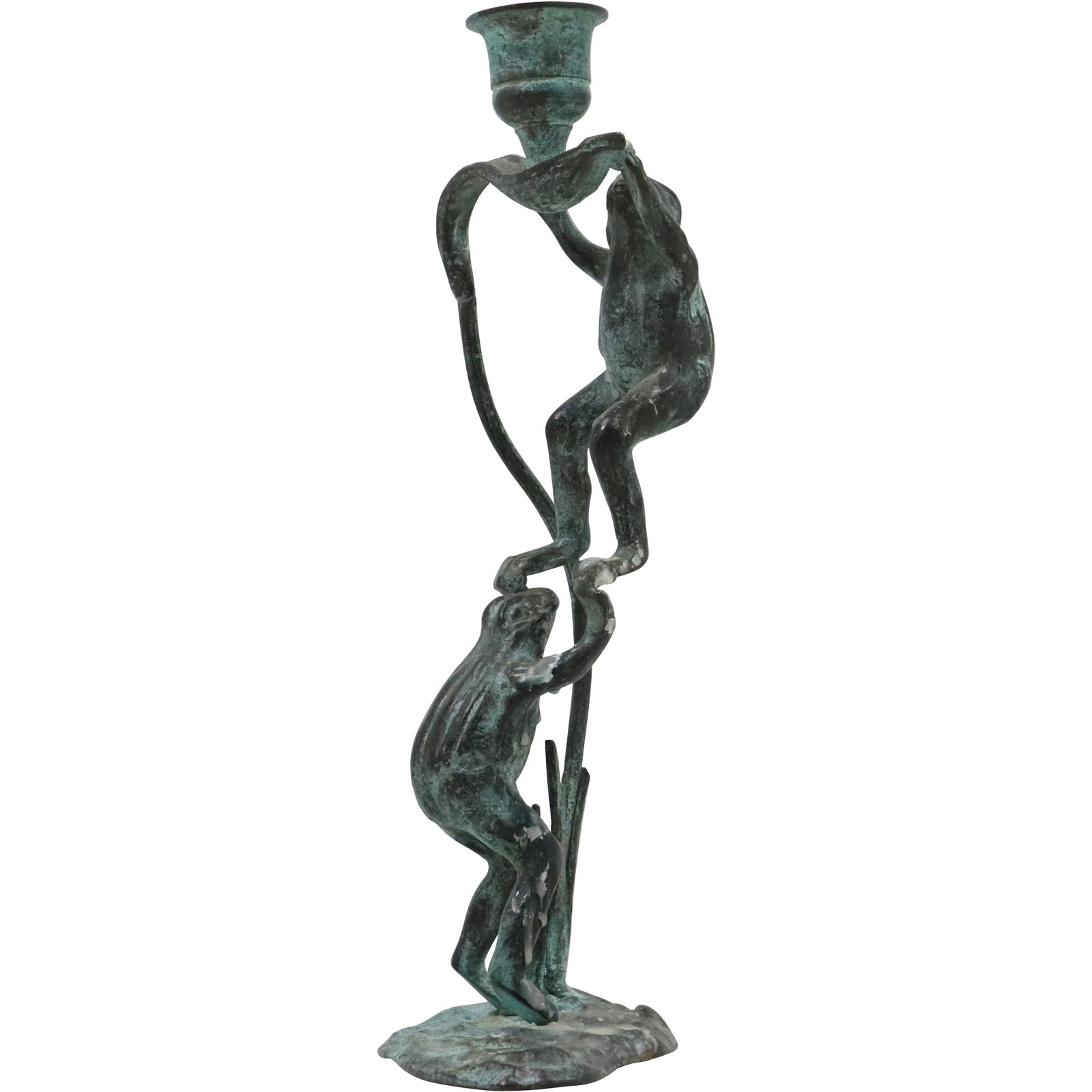 Bronze "Climbing Frogs" Tall Candlestick in Good Patina Finish: Bronze "Climbing Frogs" Tall Candlestick in Good Patina Finish. size: 10h 5.5w