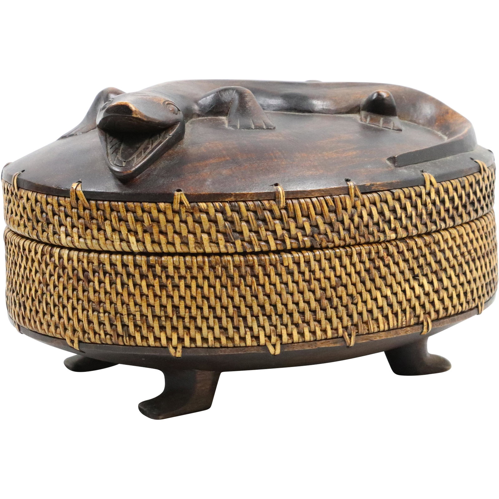 Wicker Reed and Carved Teak Wood Reptile Top Food Container Basket: Wicker Reed and Carved Teak Wood Reptile Top Food Container Basket. size: 7h 12.25w