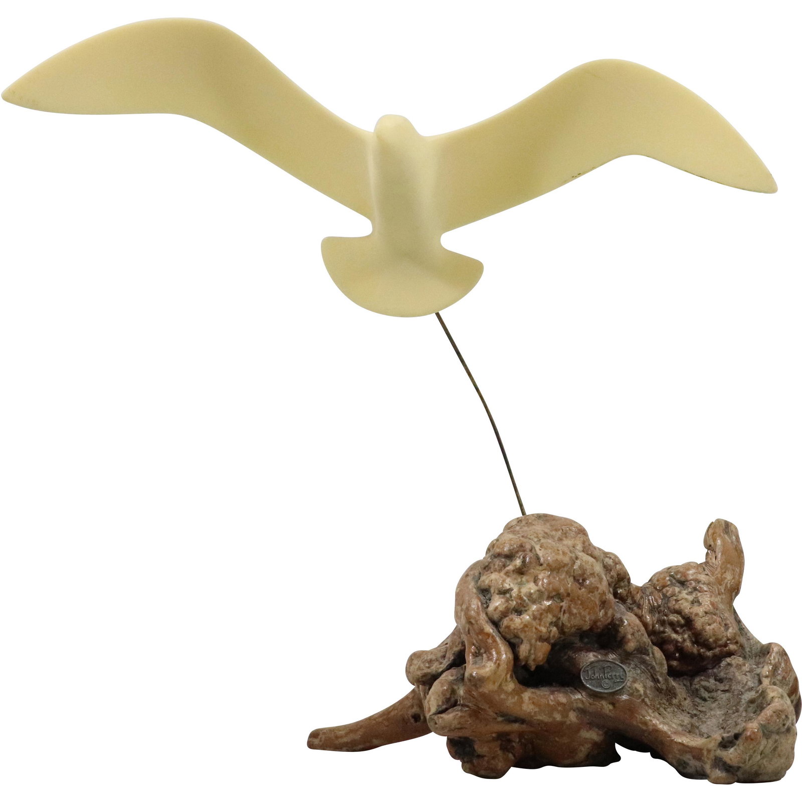 JOHN PERRY Sculpture Bird in Flight Mounted on Root Wood Base: JOHN PERRY Sculpture Bird in Flight Mounted on Root Wood Base. size: 14.25h 14w