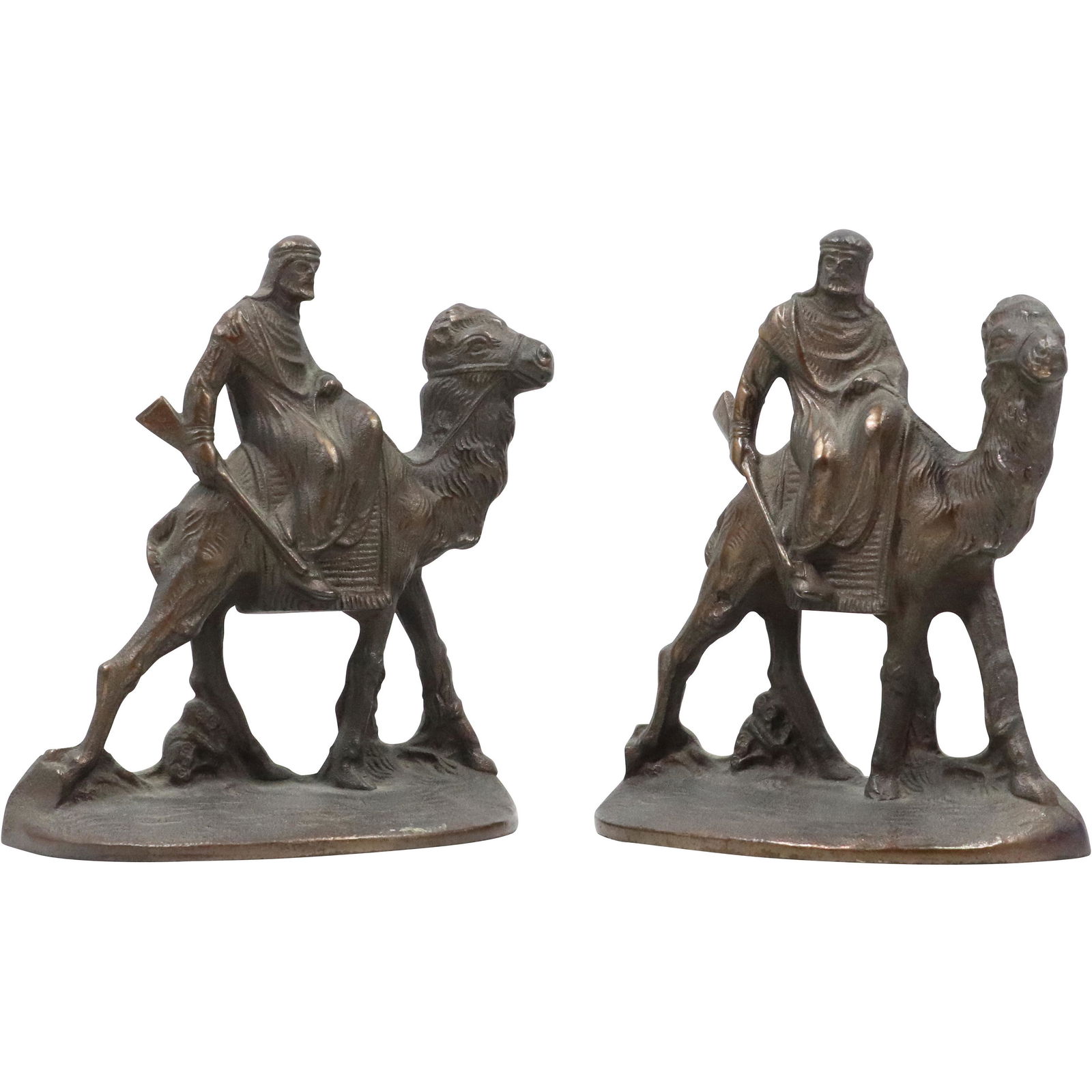Circa 1920 Quality Cast Iron Bookends Arab with Rifle on Camel - Original Patina Finish: Circa 1920 Quality Cast Iron Bookends Arab with Rifle on Camel - Original Patina Finish. size: 5.75h 5.25w