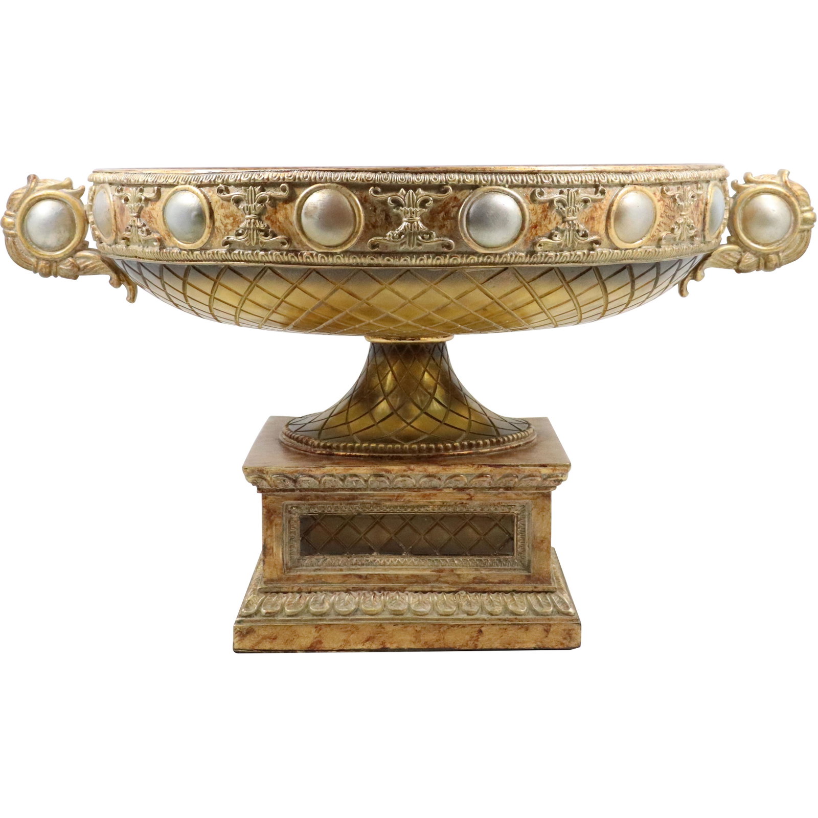Large Italian Renaissance Center Compote Decorator Bowl in Hard Resin Composition: Large Italian Renaissance Center Compote Decorator Bowl in Hard Resin Composition. size: 13h 23.5w