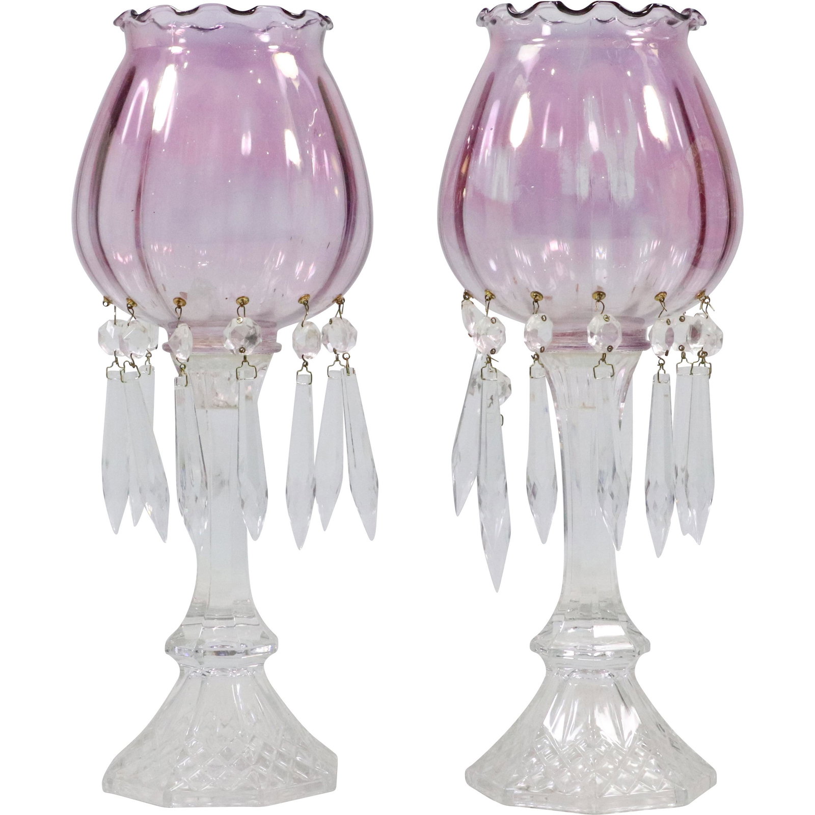 [2] Glass Candle Lamps with Prisms Purple Amethyst Glass Shades: [2] Glass Candle Lamps with Prisms Purple Amethyst Glass Shades size:13.5h 4.5w