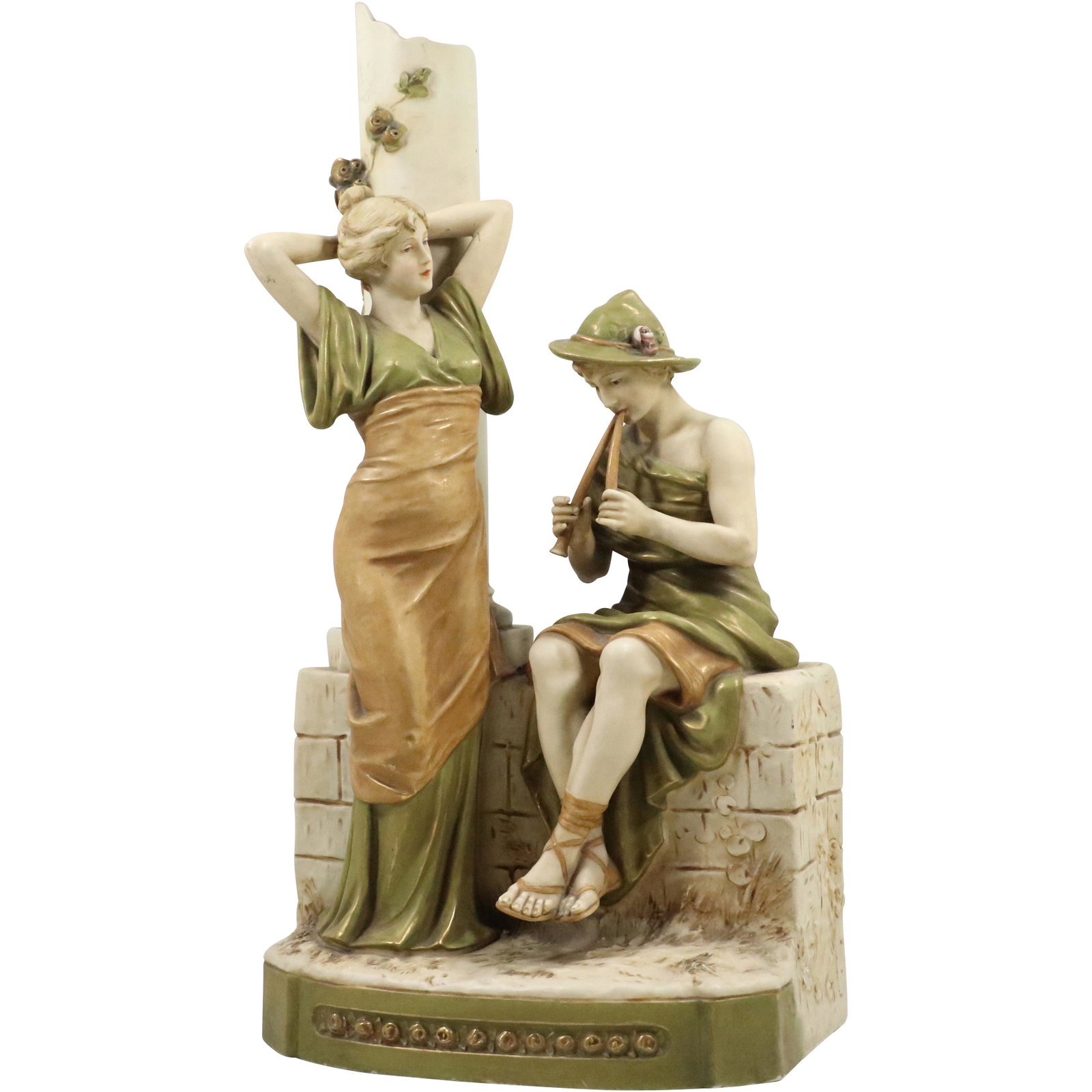 Large ROYAL DUX Porcelain Grouping Boy and Girl at Stone Wall: Large ROYAL DUX Porcelain Grouping Boy and Girl at Stone Wall size: 21.5h 10.75w