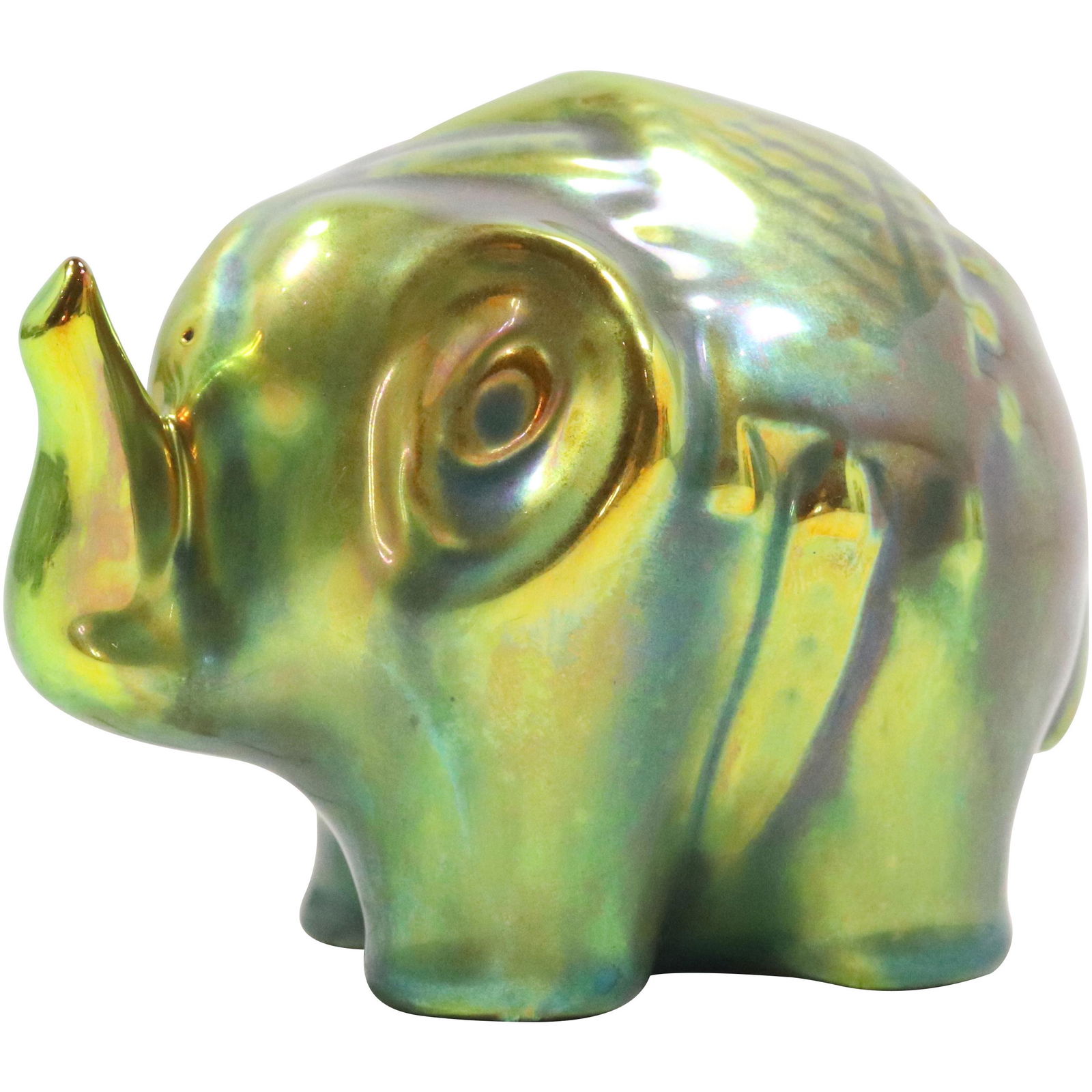 ZSOLNAY Green Lustre Porcelain Elephant Figure Statue: ZSOLNAY Green Lustre Porcelain Elephant Figure Statue. size: 2.75h 3.75w