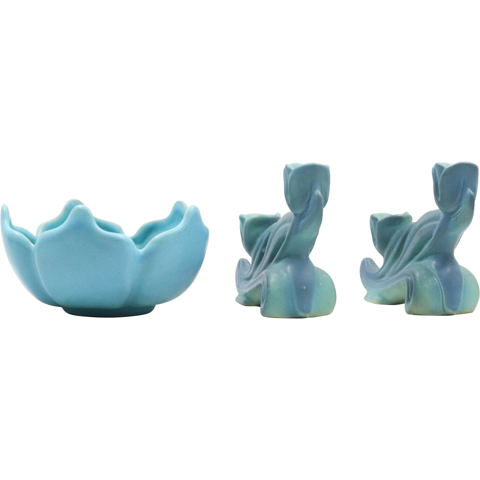 Van Briggle Art Pottery Lotus Bowl with Flower Frog & Pair Candlesticks Flower Form: Van Briggle Art Pottery Lotus Bowl with Flower Frog & Pair Candlesticks Flower Form. size: x2 candle holders 4.5h 6.75w bowl 3.5h 6.25w